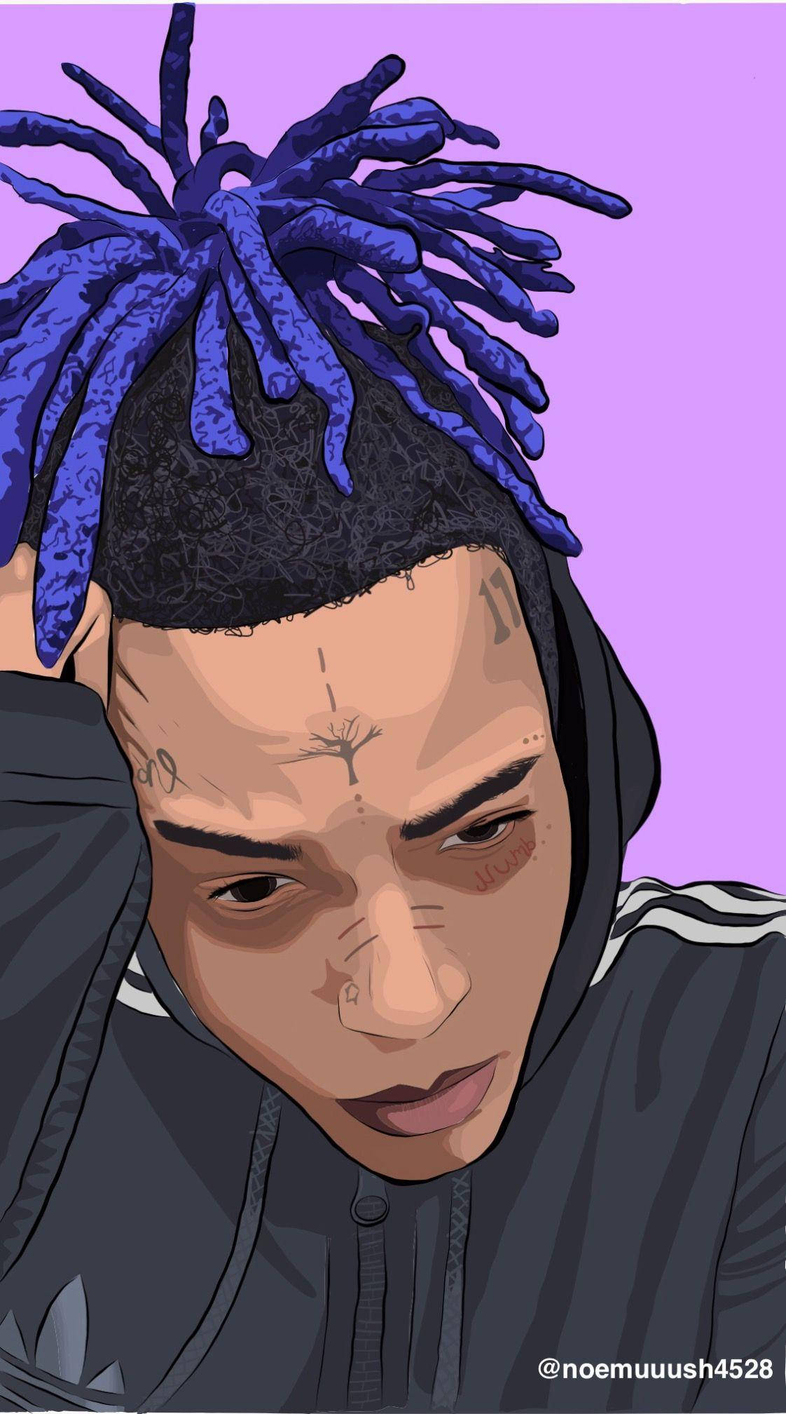 Xxxtentacion Cartoon 桌布 壁紙 — 一個風格化的數位肖像，一名男子擁有鮮豔的藍色辮子和面部刺青，背景為純紫色。