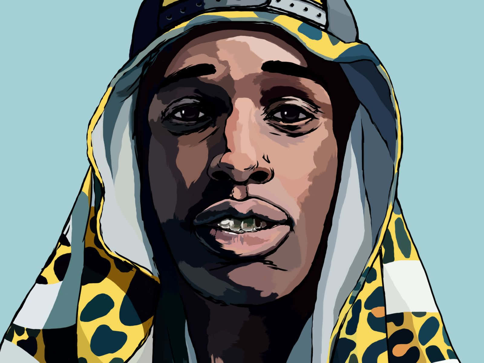Asap Rocky 桌布 壁紙 — 一個風格化的數位肖像，一名男子穿著豹紋連帽衫和向後戴的帽子，背景為純青色。