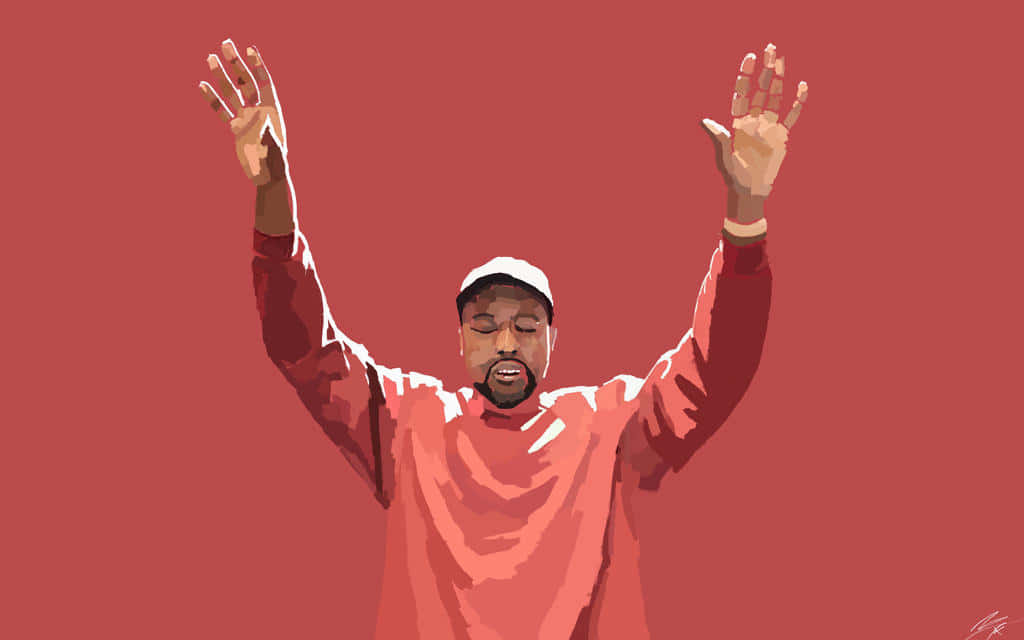 The Life Of Pablo 桌布 壁紙 — 一個風格化的數位肖像，一名男子穿著紅色連帽衫和白色帽子，雙臂高舉，背景為純紅色。