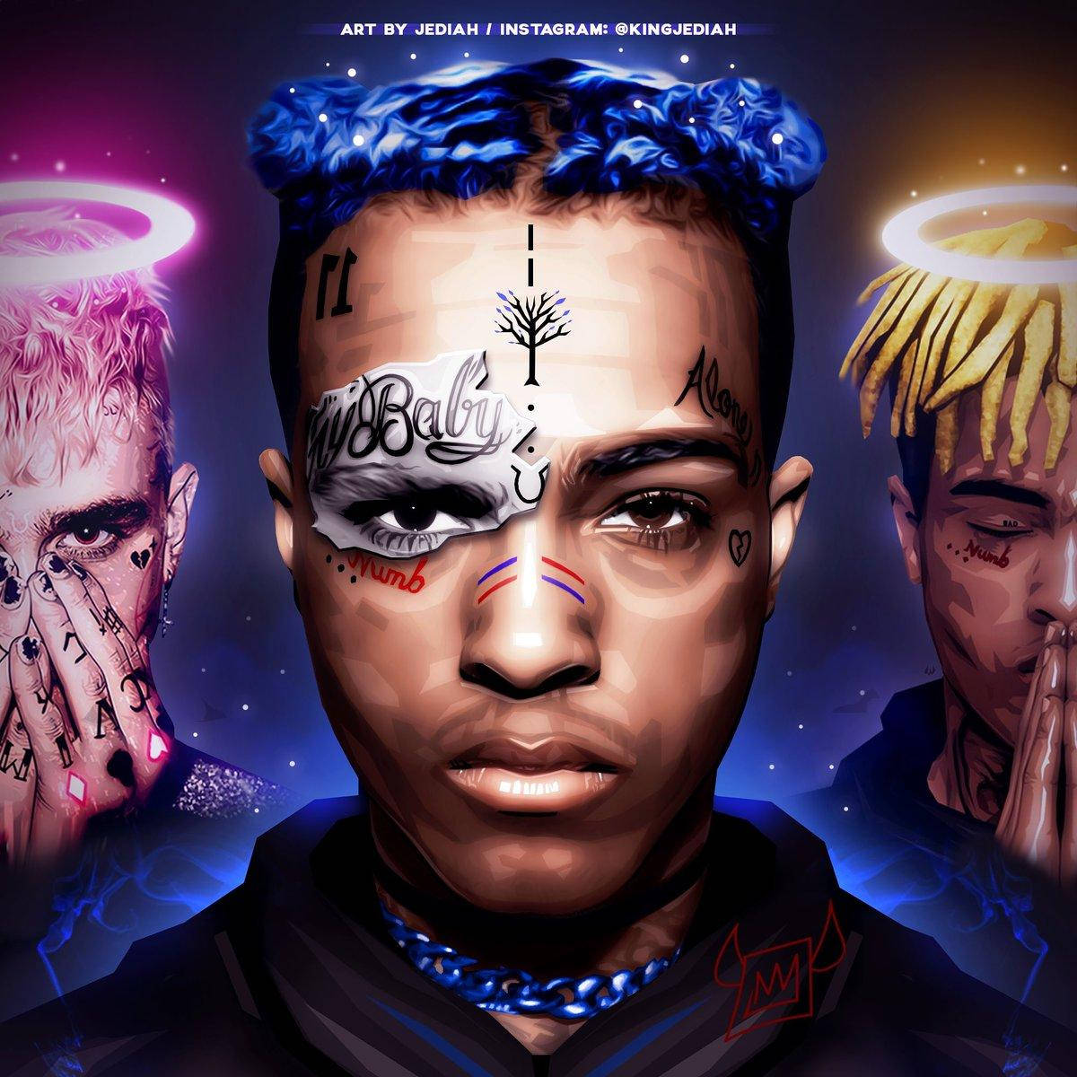 Xxxtentacion Cartoon 桌布 壁紙 — 一個風格化的數位肖像，中央人物有藍色頭髮和刺青，兩側有兩個帶光環的天使般的人物，背景是宇宙紫色和藍色。