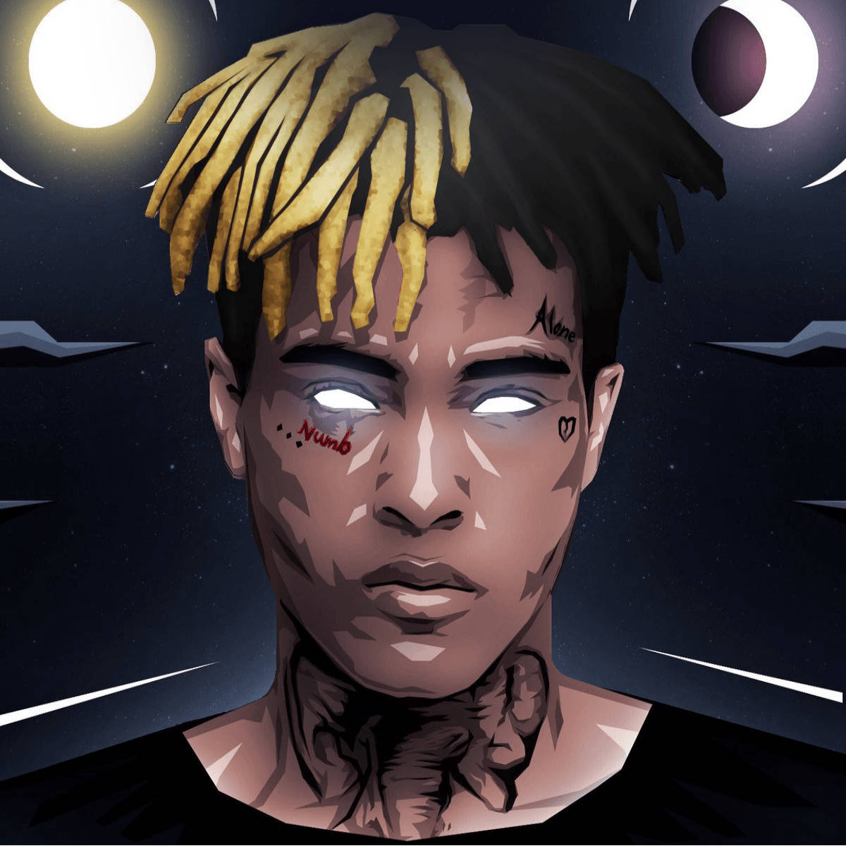 xxxtentacion 動畫 桌布 壁紙 — 一個風格化的數位肖像，人物擁有金色辮子、發光的眼睛和刺青，背景是帶有月亮的宇宙夜空。