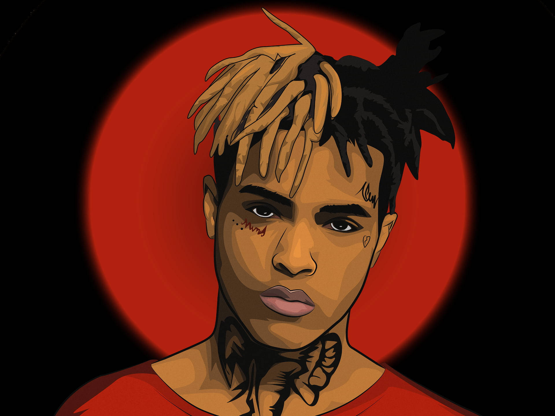 xxxtentacion 電腦 桌布 壁紙 — 一個風格化的數位肖像，人物擁有雙色頭髮和刺青，背景是發光的紅色圓形。