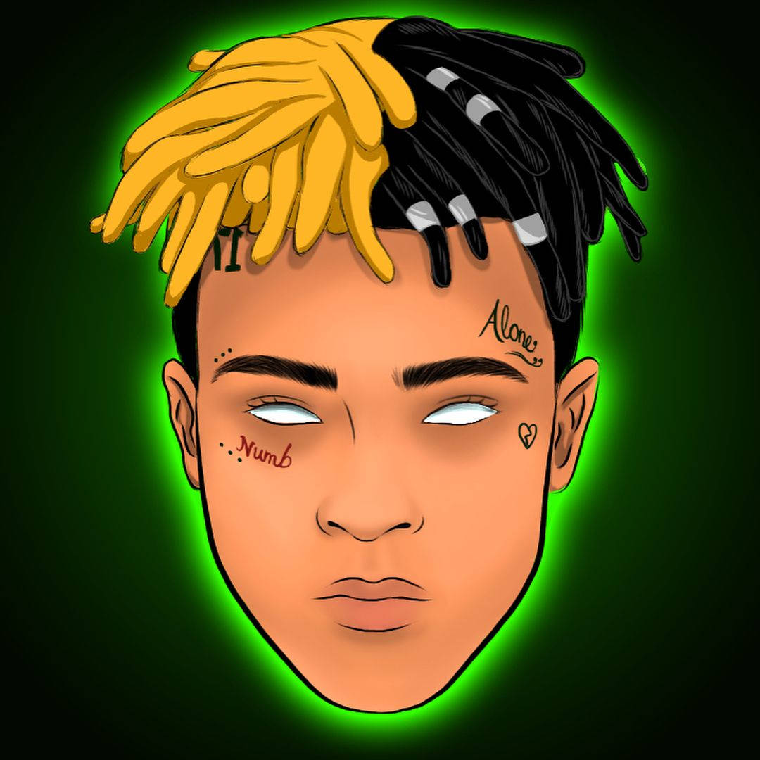 xxxtentacion 動畫 桌布 壁紙 — 一個風格化的數位肖像，人物有一半黃色一半黑色的辮子，在深色背景上發出綠色光芒。