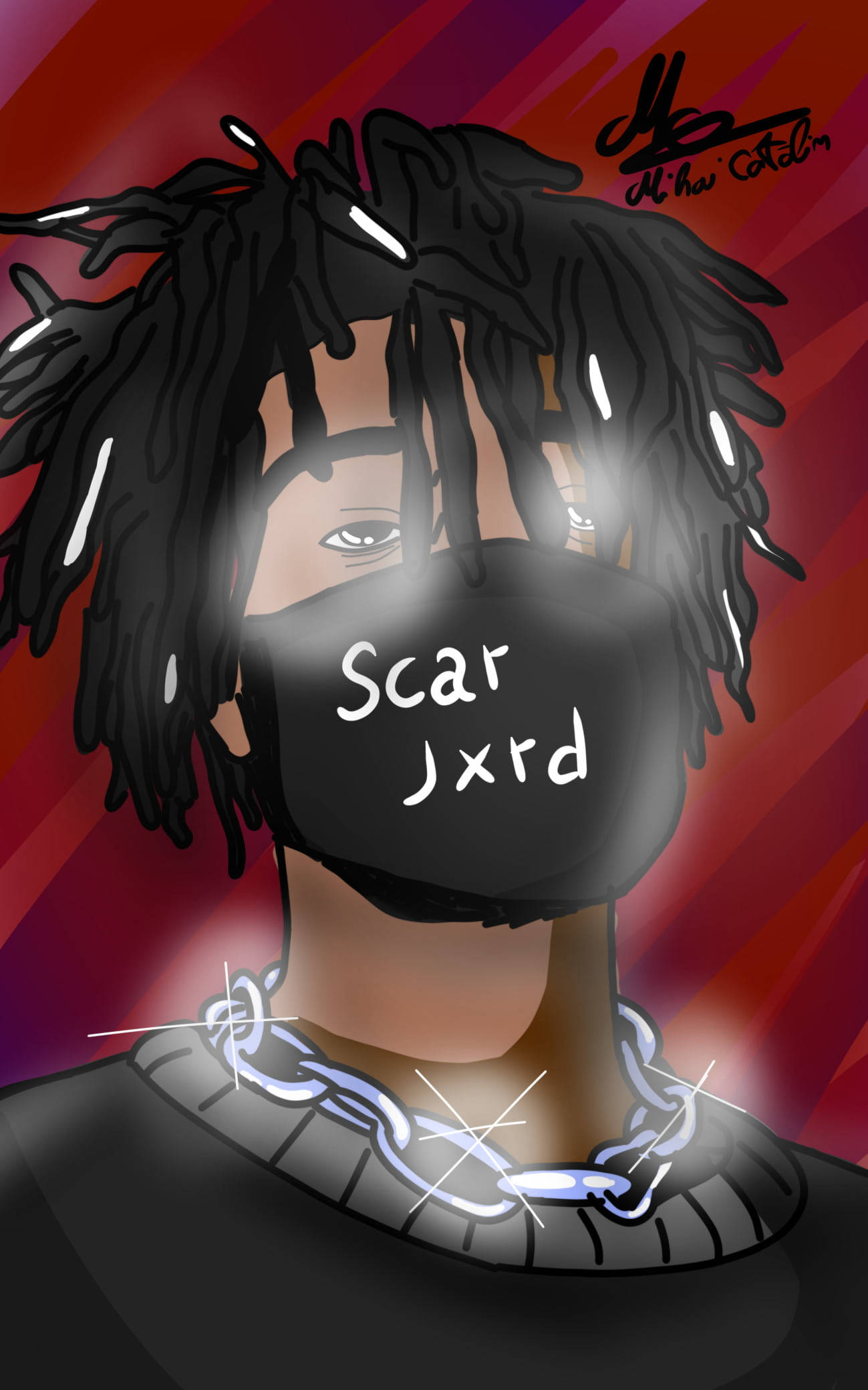 Scarlxrd 桌布 壁紙 — 一個風格化的數位肖像，人物留著辮子，戴著標有 Scar Jxrd 的黑色面具和發光的鏈條項鍊，背景是鮮豔的紅色。