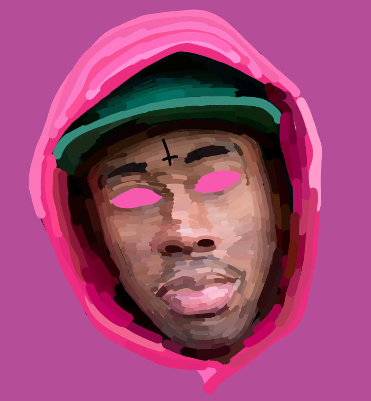 Rapper Cartoon 桌布 壁紙 — 一個風格化的數位肖像，人物穿著粉紅色連帽衫，發光的粉紅色眼睛，額頭上有十字架，背景為洋紅色。