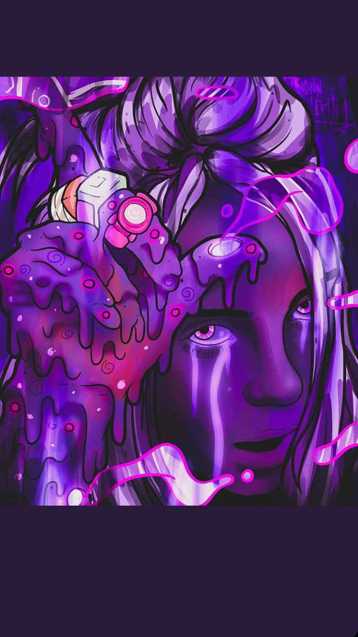 Billie Eilish Purple 桌布 壁紙 — 一個風格化的數位肖像，人物臉部和頭髮滴落著發光的紫色液體。