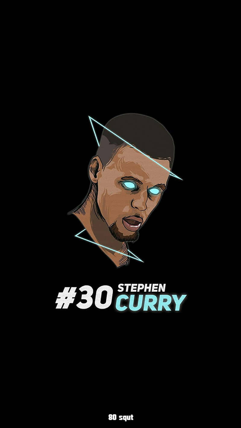 桌布 壁紙 — 一個風格化的數位肖像，史蒂芬·柯瑞（Stephen Curry）在黑色背景上擁有發光的藍色眼睛和霓虹線條。