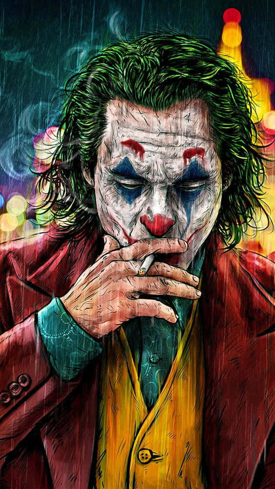 Joker Art 桌布 壁紙 — 一個風格化的數位肖像，小丑在雨中抽煙，背景有霓虹燈。