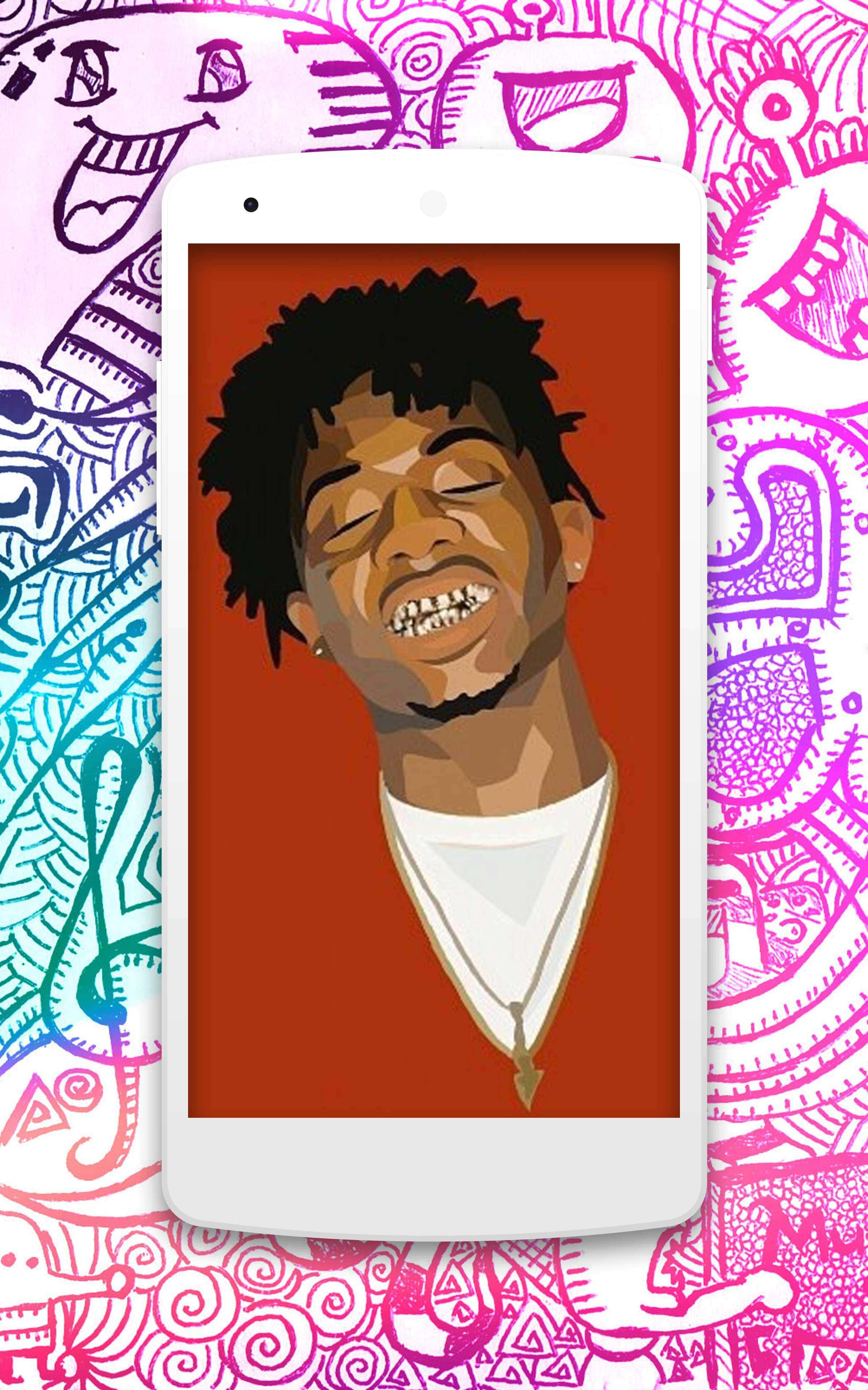Playboi Carti HD 桌布 壁紙 — 一個風格化的數位肖像，展示一個微笑的男人在手機螢幕上，周圍環繞著粉紅色和藍綠色的鮮豔抽象塗鴉。