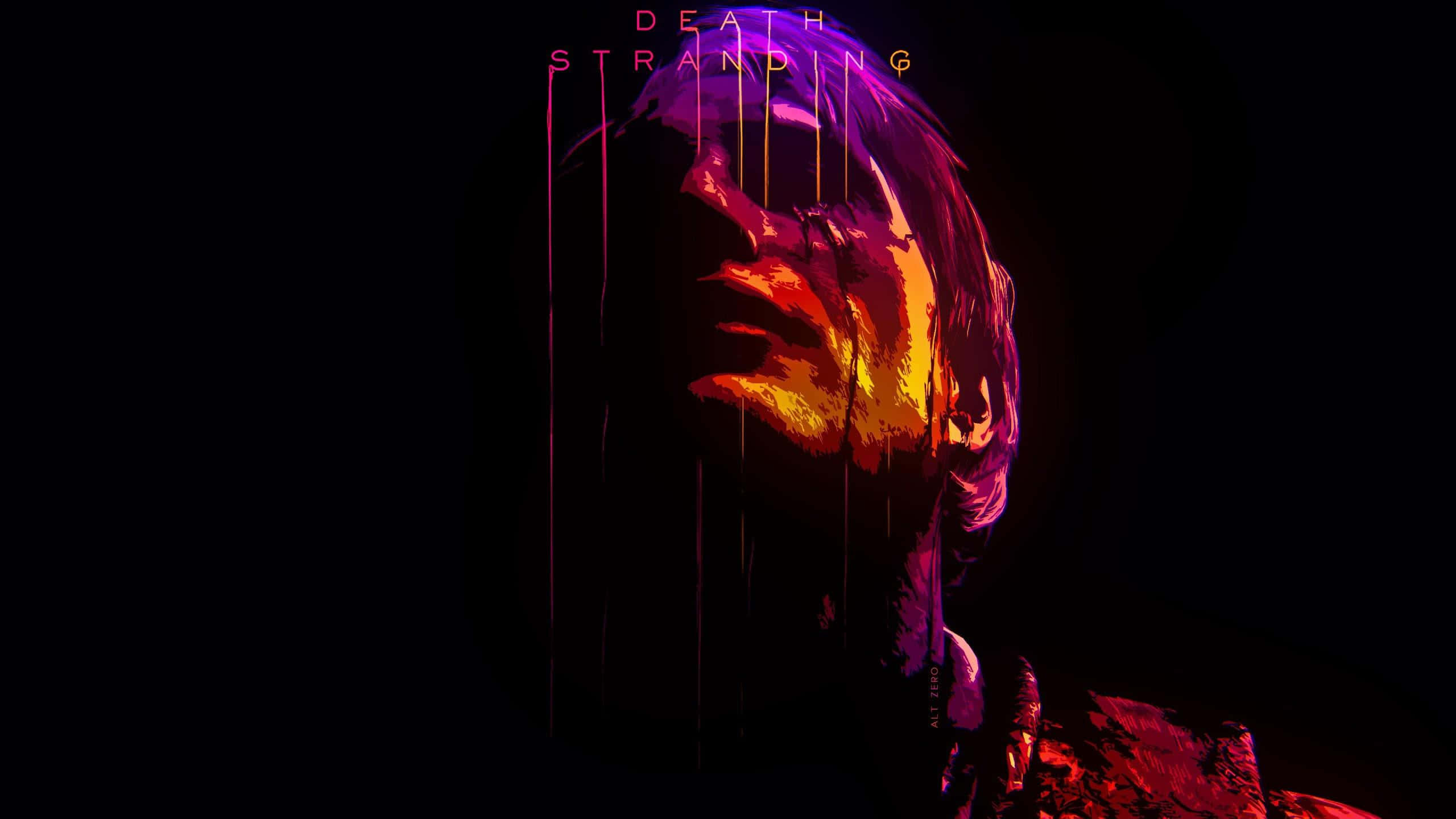 Death Stranding Pc 桌布 壁紙 — 一個風格化的數位肖像，展示一個男人的臉在黑色背景上散發著火熱的橙色和紫色光芒，帶有滴落效果，上方有「DEATH STRANDING」文字。