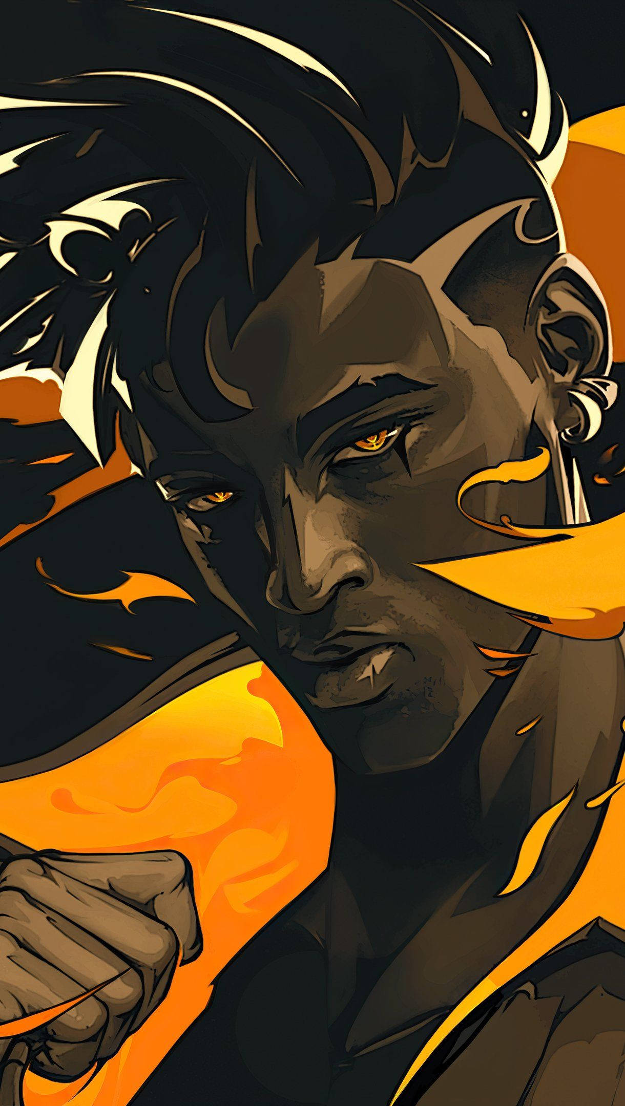 Digital 桌布 壁紙 — 一個風格化的數位肖像，描繪一位兇猛的深色皮膚戰士，擁有發光的橙色眼睛和熾熱的橙色能量在他們周圍旋轉。