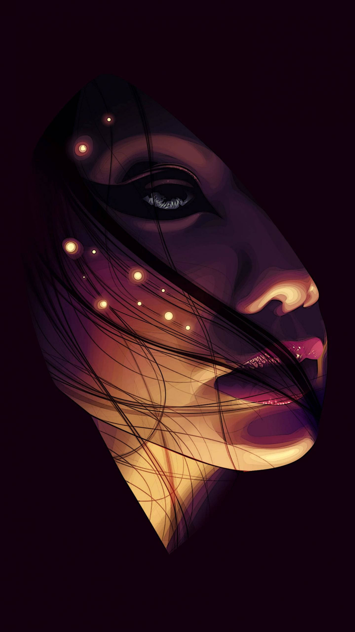 AMOLED 桌布 壁紙 — 一個風格化的數位肖像，描繪一位女性的側面，頭髮中有發光球體，背景為深色。