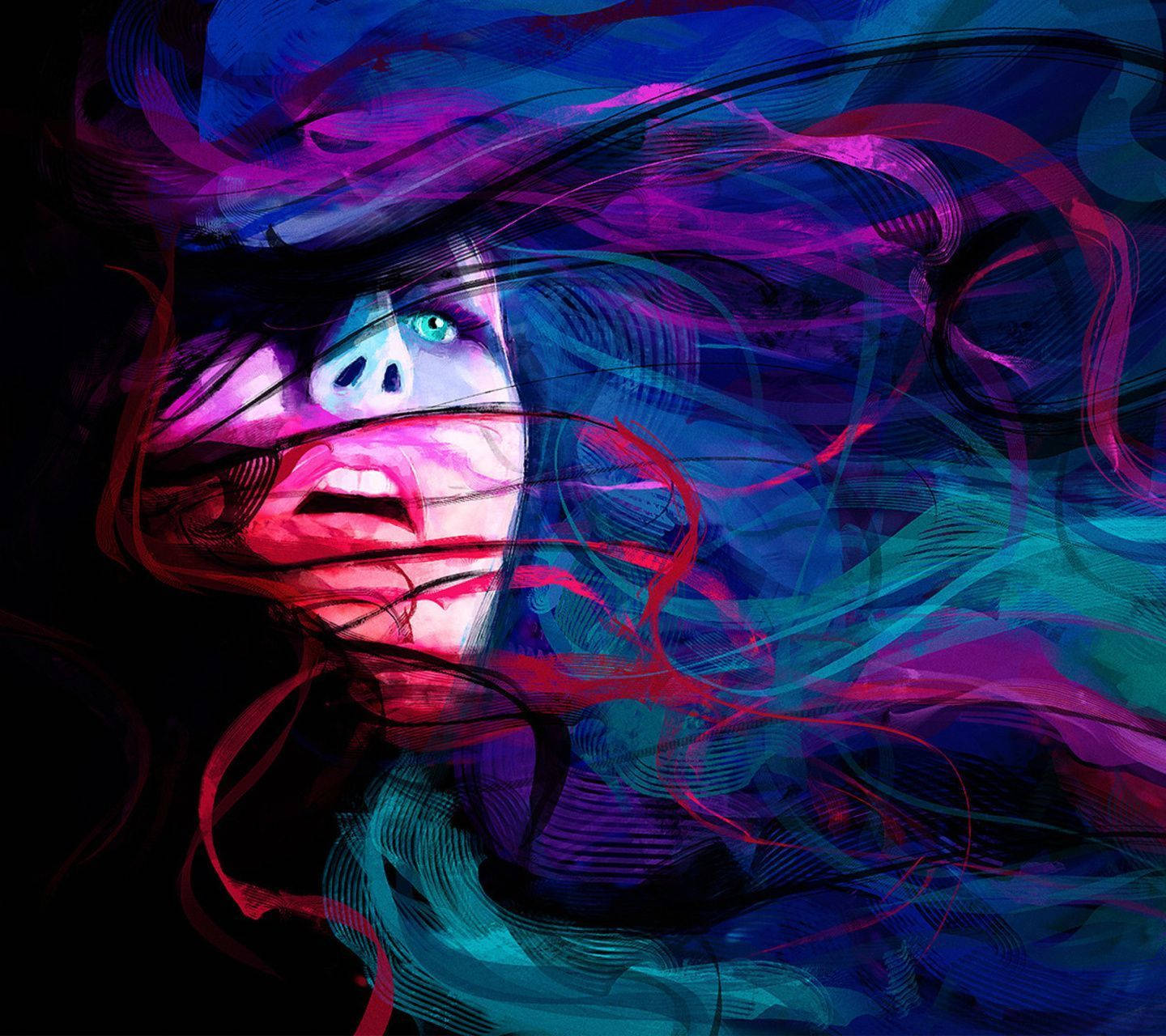 Face 桌布 壁紙 — 一個風格化的數位肖像，描繪一位女性，擁有發光的眼睛和流動的霓虹髮絲，呈現電光藍和粉紅色，背景為黑色。