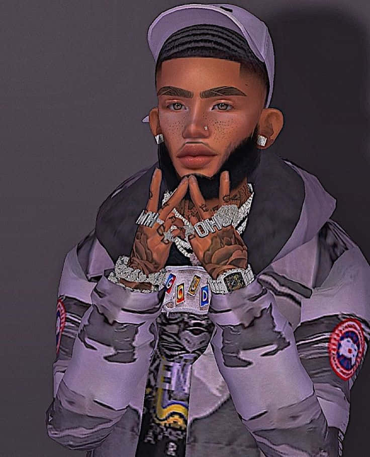 imvu 桌布 壁紙 — 一個風格化的數位肖像，描繪一位帶有刺青和珠寶的年輕男子，穿著紫色外套在深色背景前自信地擺姿勢。