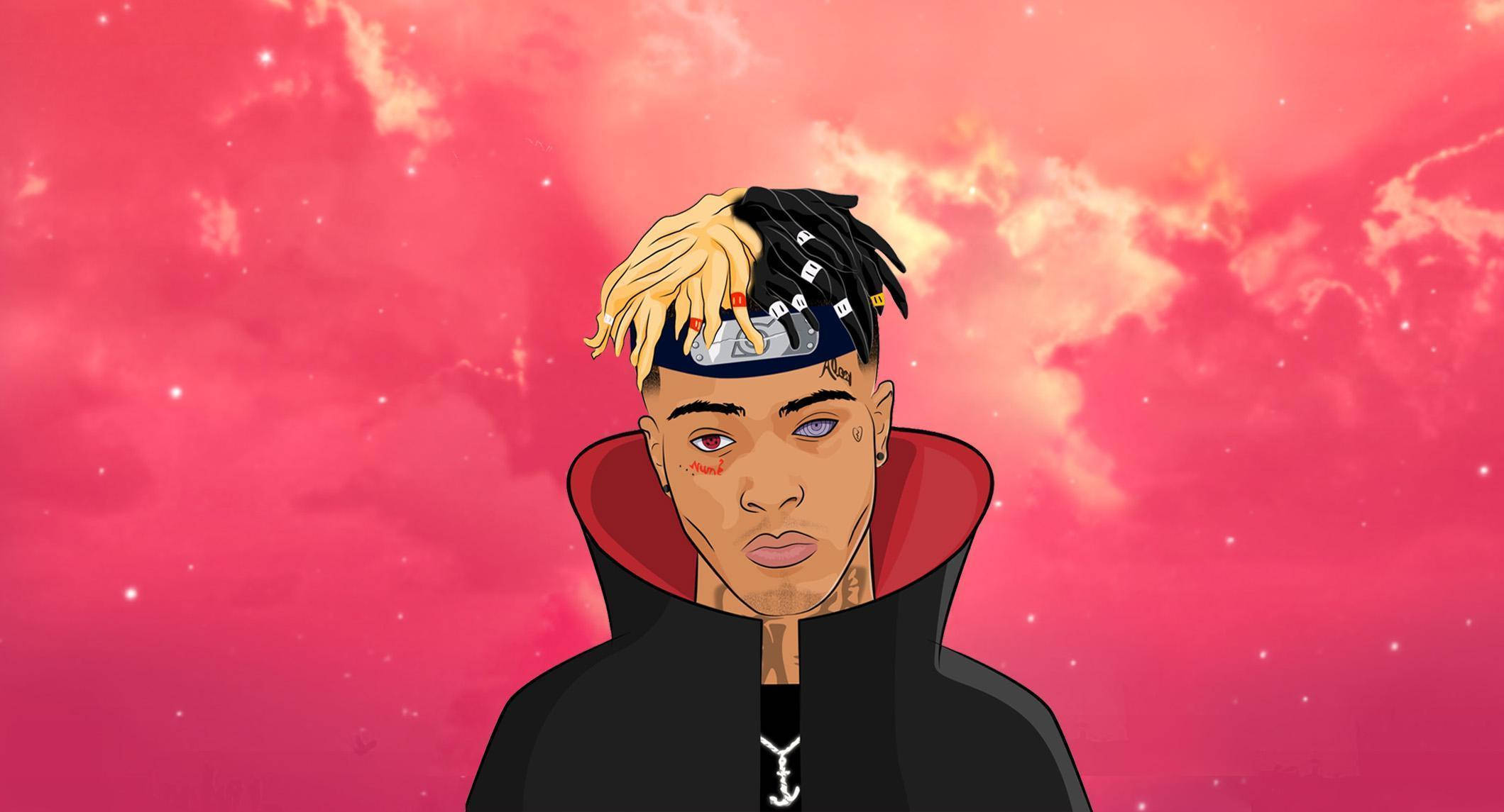 xxxtentacion 動畫 桌布 壁紙 — 一個風格化的數位肖像，描繪一位年輕男子，擁有雙色頭髮和頭帶，背景是充滿活力的粉紅色宇宙天空。