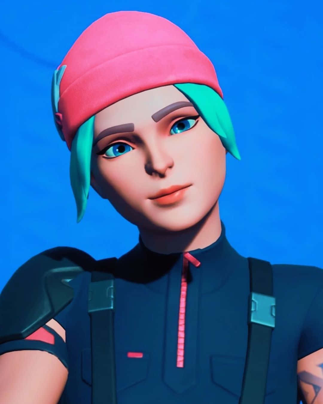 Fortnite 造型 桌布 壁紙 — 一個風格化的數位肖像，描繪一位年輕人在純藍色背景前，擁有青綠色頭髮和粉紅色無邊帽。