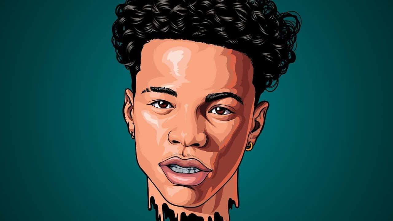 Lil Mosey 桌布 壁紙 — 一個風格化的數位肖像，描繪一位年輕男子，擁有捲髮和耳環，背景為青綠色。