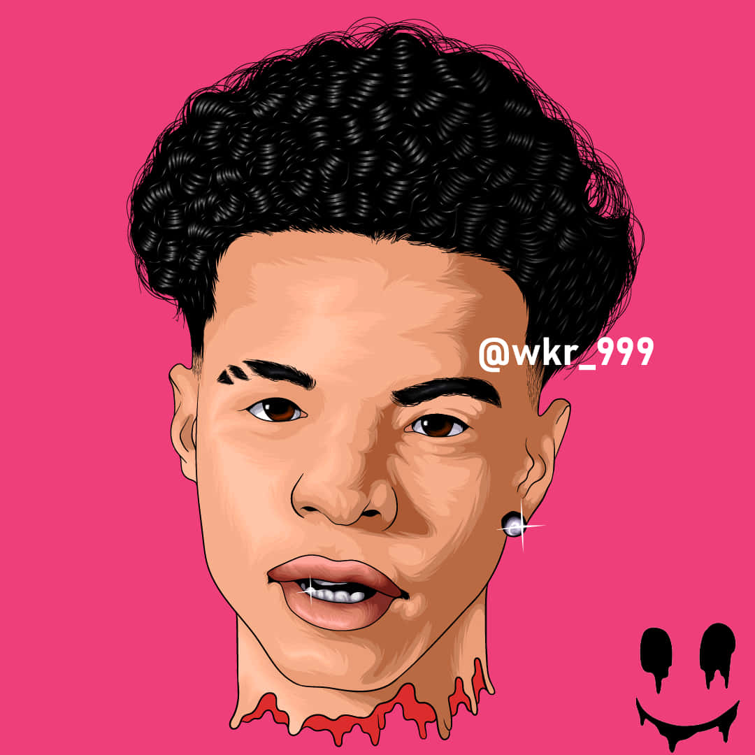 Lil Mosey 桌布 壁紙 — 一個風格化的數位肖像，描繪一位年輕男子，擁有捲曲頭髮和紅色滴落的脖子，背景是充滿活力的粉紅色。