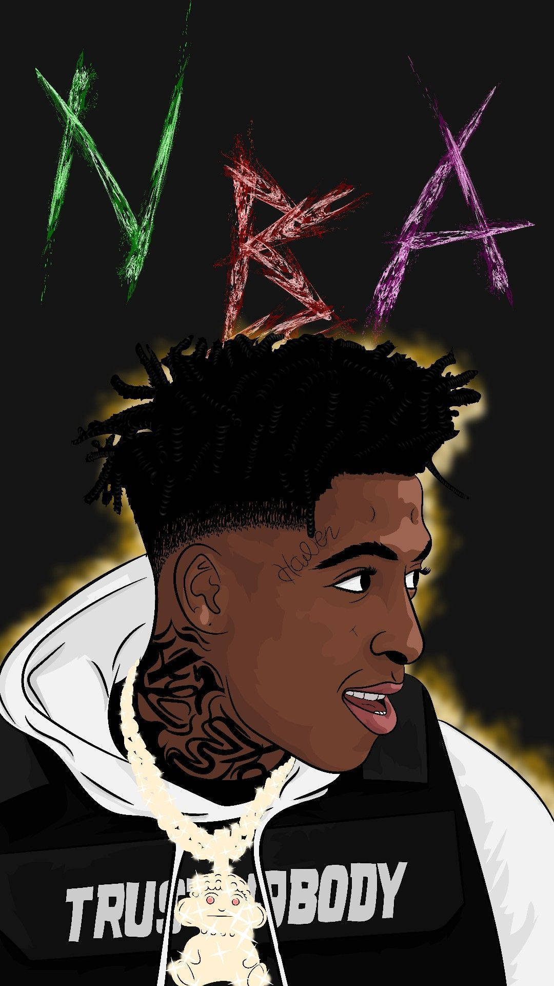 NBA Youngboy Cartoon 桌布 壁紙 — 一個風格化的數位肖像，描繪一位年輕男子，留著辮子頭和刺青，穿著連帽衫和鏈條，背景為黑暗底色，帶有發光的NBA字母。
