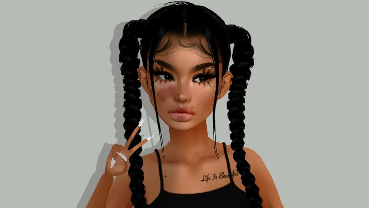 imvu 桌布 壁紙 — 一個風格化的數位肖像，描繪一位年輕女性，擁有粗辮子和胸口刺青，背景簡潔。