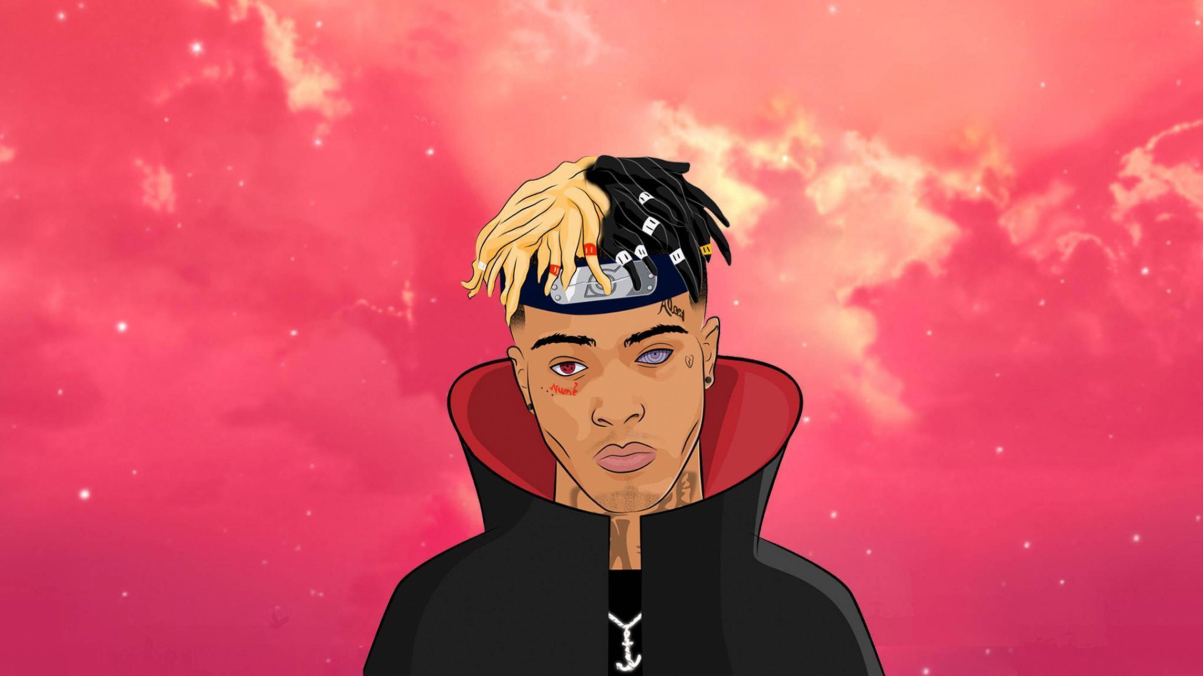 Trippie Redd 桌布 壁紙 — 一個風格化的數位肖像，描繪一位年輕男子，擁有雙色頭髮和黑色斗篷，背景是充滿活力的粉紅色星空。