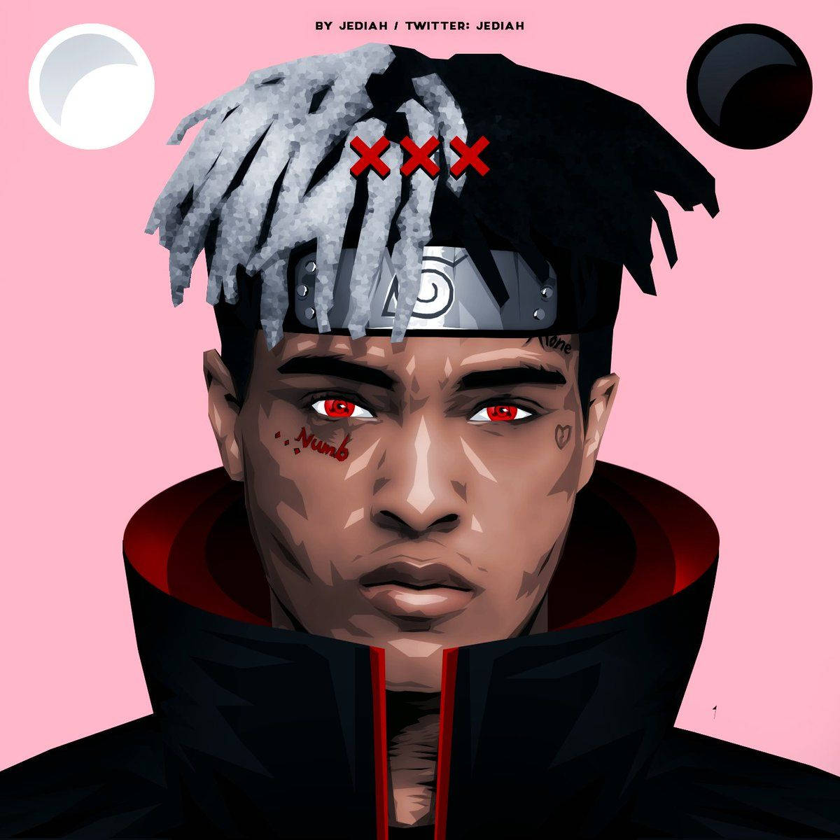 xxxtentacion 動畫 桌布 壁紙 — 一個風格化的數位肖像，描繪一位年輕男子，擁有紅色眼睛和額頭護具，背景為粉紅色並帶有天體球體。