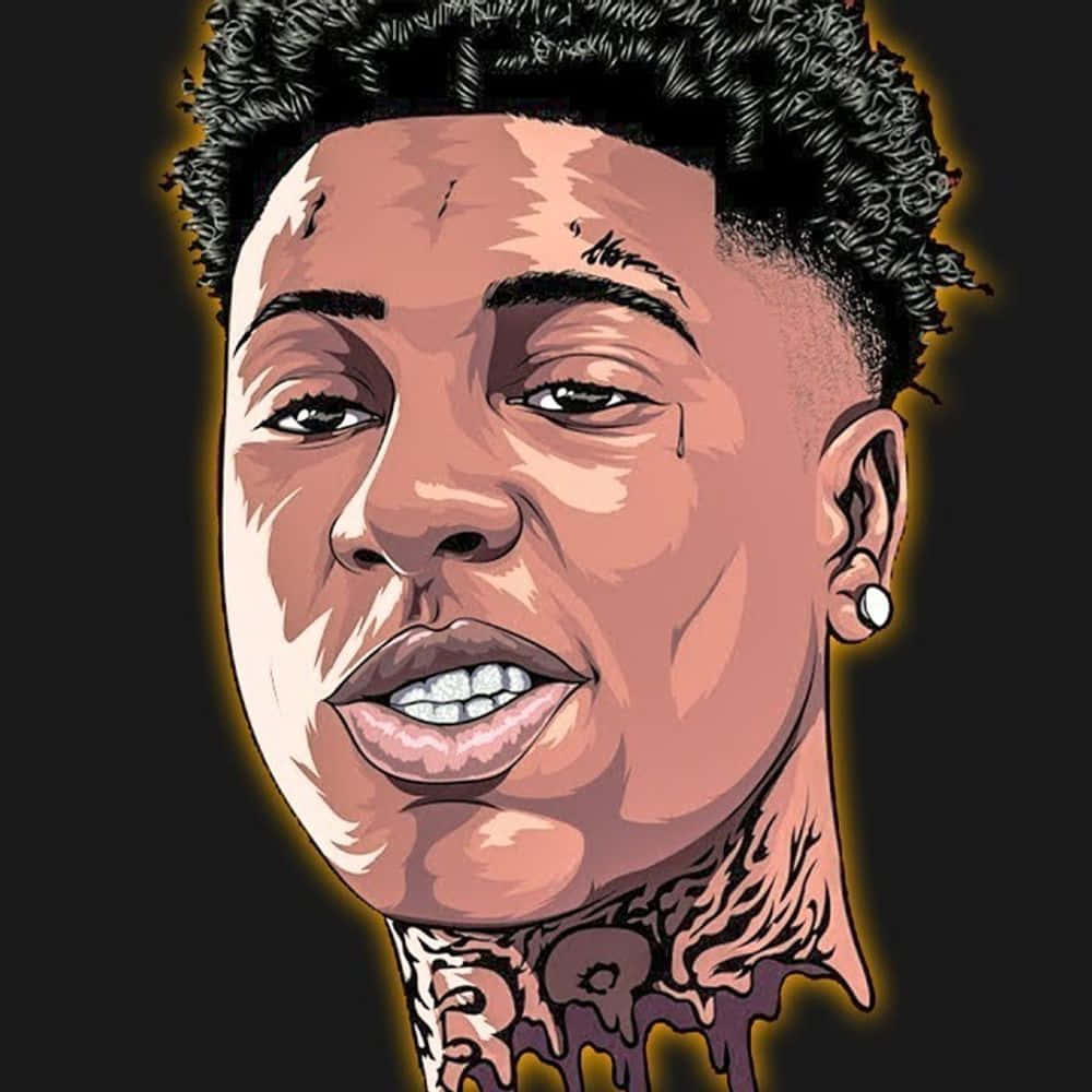 Quando Rondo 桌布 壁紙 — 一個風格化的數位肖像，描繪一位年輕男子，擁有捲曲頭髮和頸部刺青，在黑暗背景中發光。