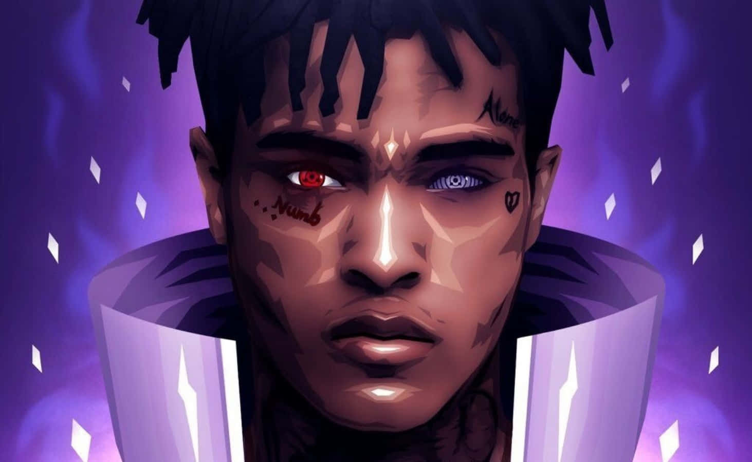 XXXTENTACION 桌布 壁紙 — 一個風格化的數位肖像，描繪一位年輕男子，擁有不相配的紅藍眼睛和刺青，背景是發光的紫色。