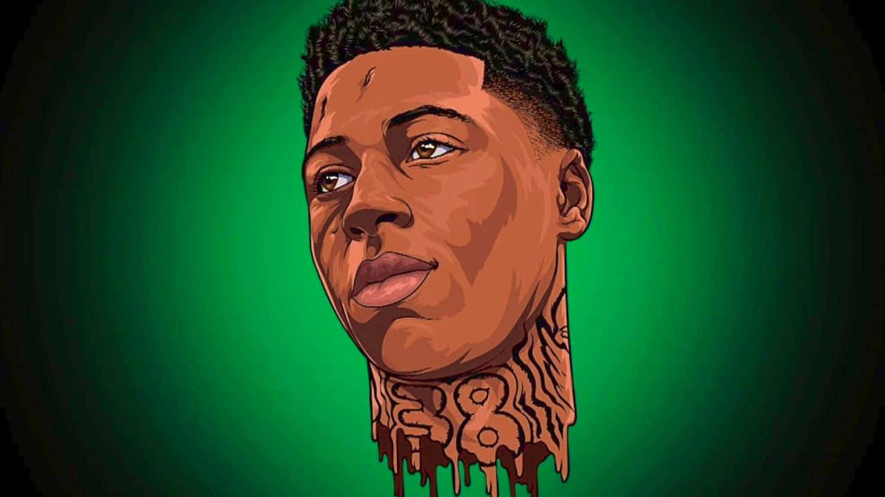 NBA YoungBoy 桌布 壁紙 — 一個風格化的數位肖像，描繪一位年輕黑人男性，頸部有複雜的紋身滴落，背景是充滿活力的綠色漸變。