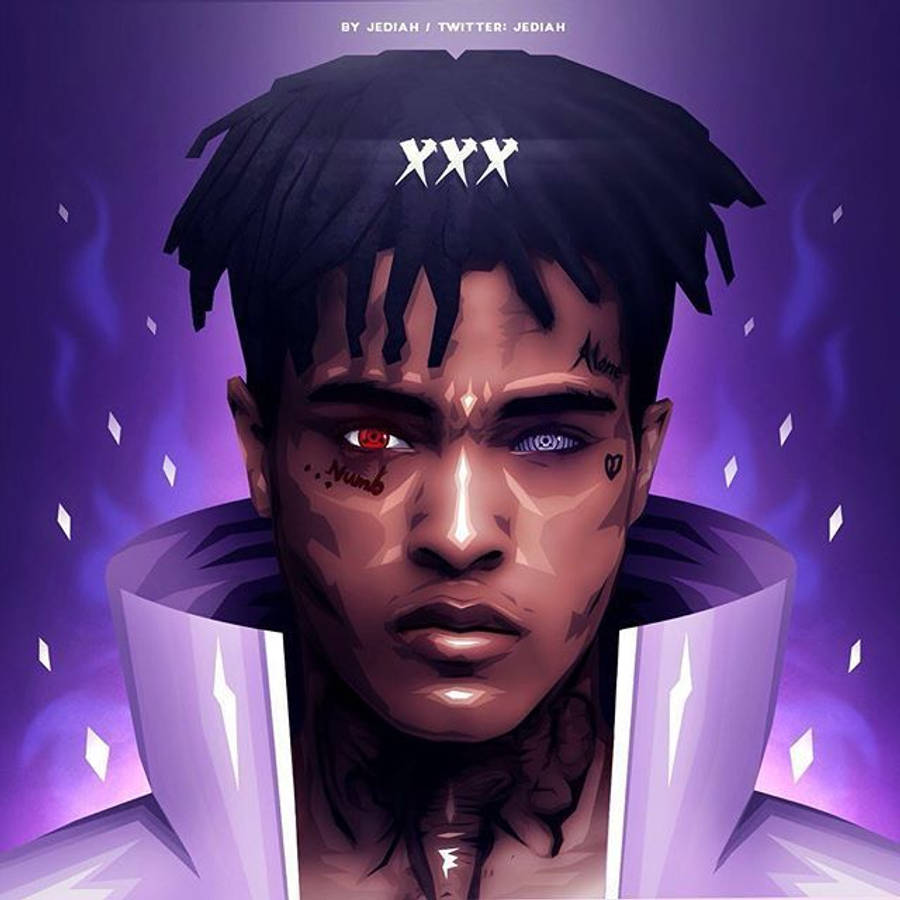 酷酷的xxxtentacion 桌布 壁紙 — 一個風格化的數位肖像，描繪一位年輕男子，擁有不同顏色的眼睛和辮子，背景是發光的紫色。