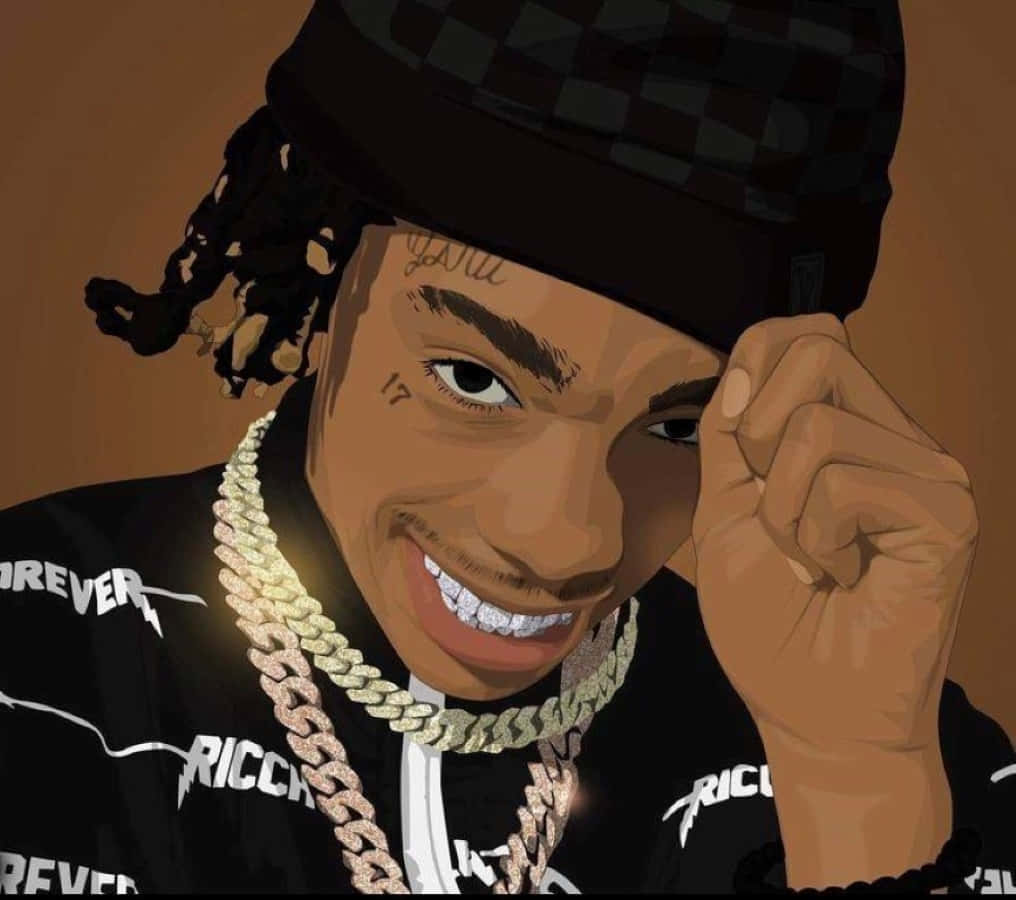 Ynw Melly Cartoon 桌布 壁紙 — 一個風格化的數位肖像，描繪一位微笑的男子，梳著辮子、戴格紋帽，佩戴粗金鍊，身穿品牌黑色襯衫。