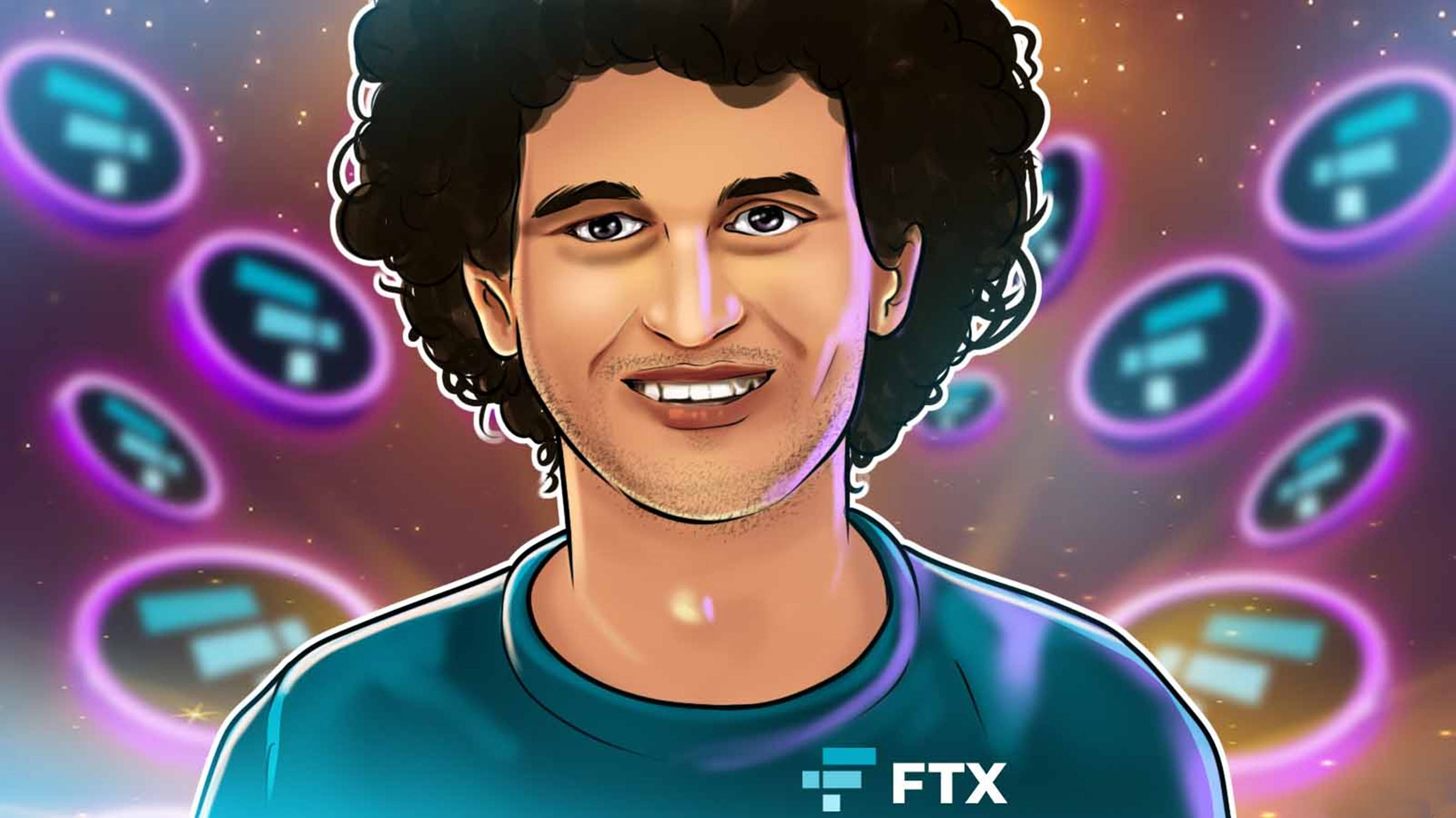 Digital 桌布 壁紙 — 一個風格化的數位肖像，描繪一位微笑的捲髮男子，背景是帶有發光FTX標誌的宇宙。