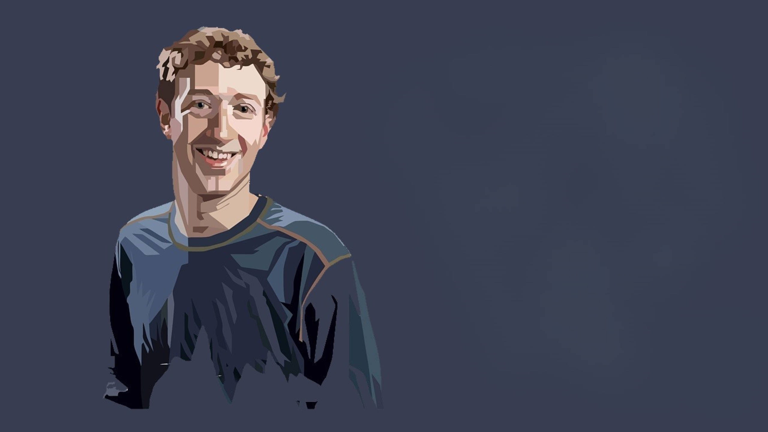 Zuckerberg 桌布 壁紙 — 一個風格化的數位肖像，描繪一位微笑、捲髮、身穿深藍色襯衫的男子，背景為柔和的灰色。