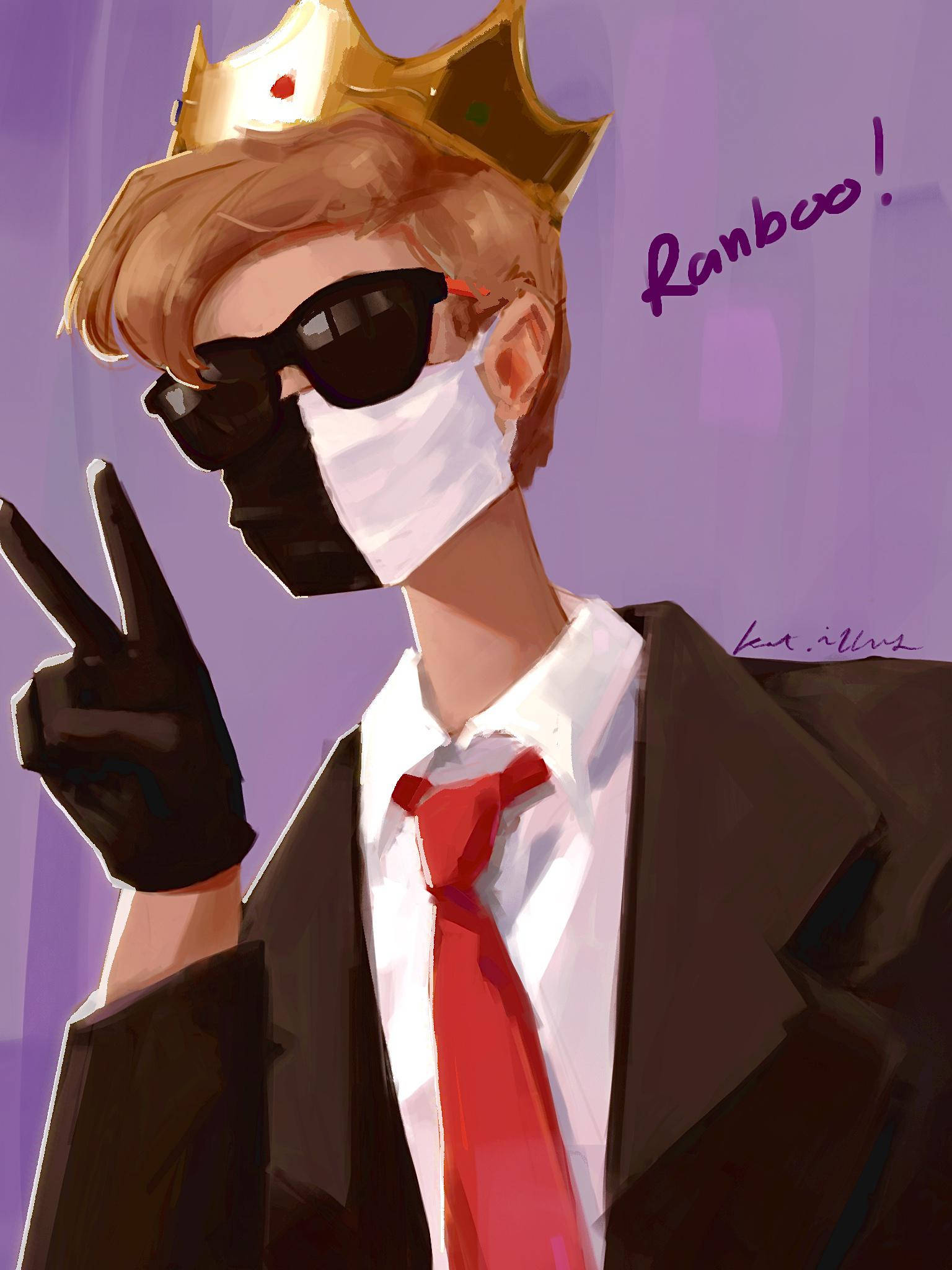 Ranboo 桌布 壁紙 — 一個風格化的數位肖像，描繪一位戴著皇冠、身穿西裝和面具的人物在紫色背景前做出和平手勢。
