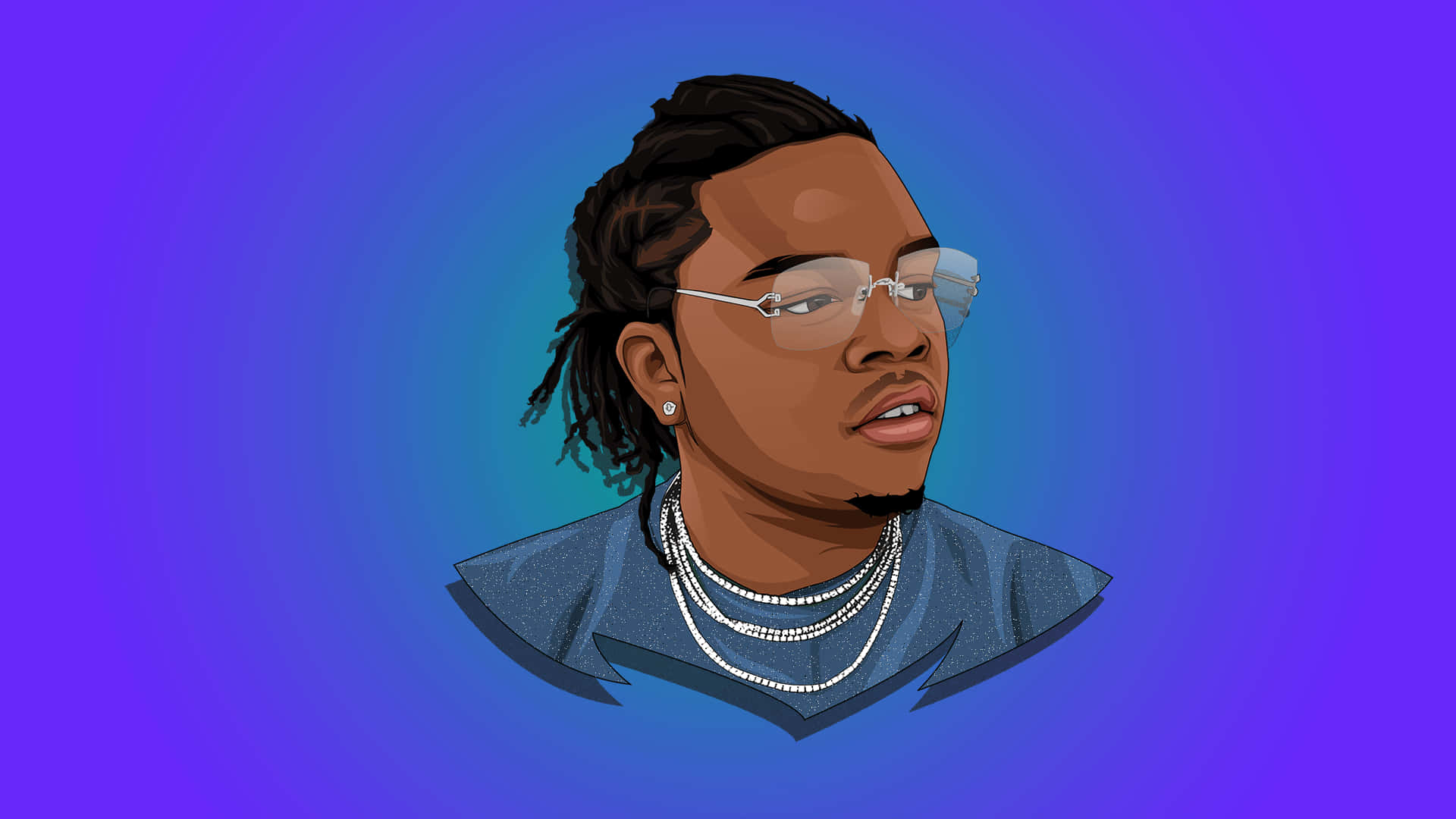 Rapper Cartoon 桌布 壁紙 — 一個風格化的數位肖像，描繪一位戴著眼鏡和辮子髮型的男士，背景為紫色和藍色的漸變色。