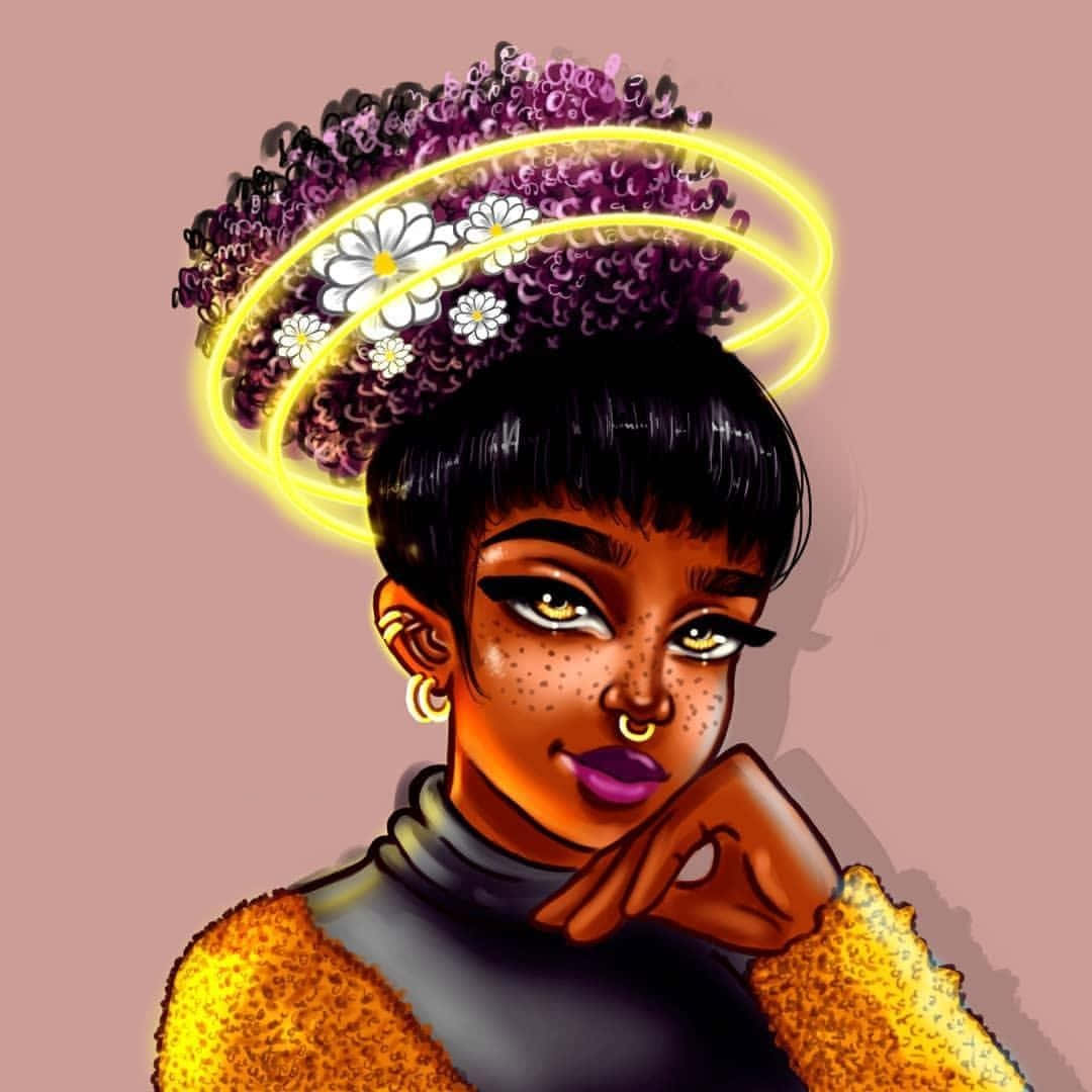 黑人女性 桌布 壁紙 — 一個風格化的數位肖像，描繪一位捲髮女性，頭髮上裝飾著花朵和發光的霓虹環。