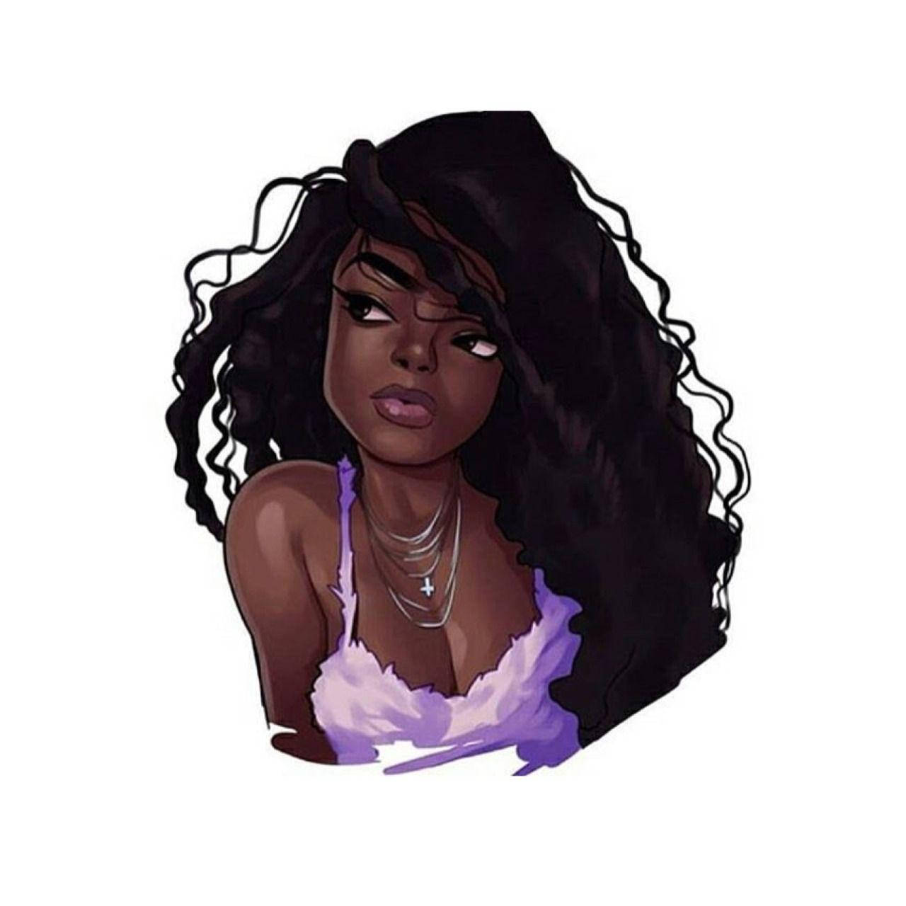 Beautiful Woman 桌布 壁紙 — 一個風格化的數位肖像，描繪一位擁有豐盈深色捲髮、穿著紫色上衣的女性，背景為純白色。