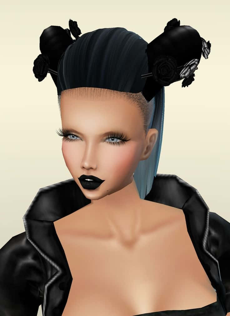 imvu 桌布 壁紙 — 一個風格化的數位肖像，描繪一位擁有黑色玫瑰髮髻和大膽黑色唇膏、身穿皮夾克的女性。