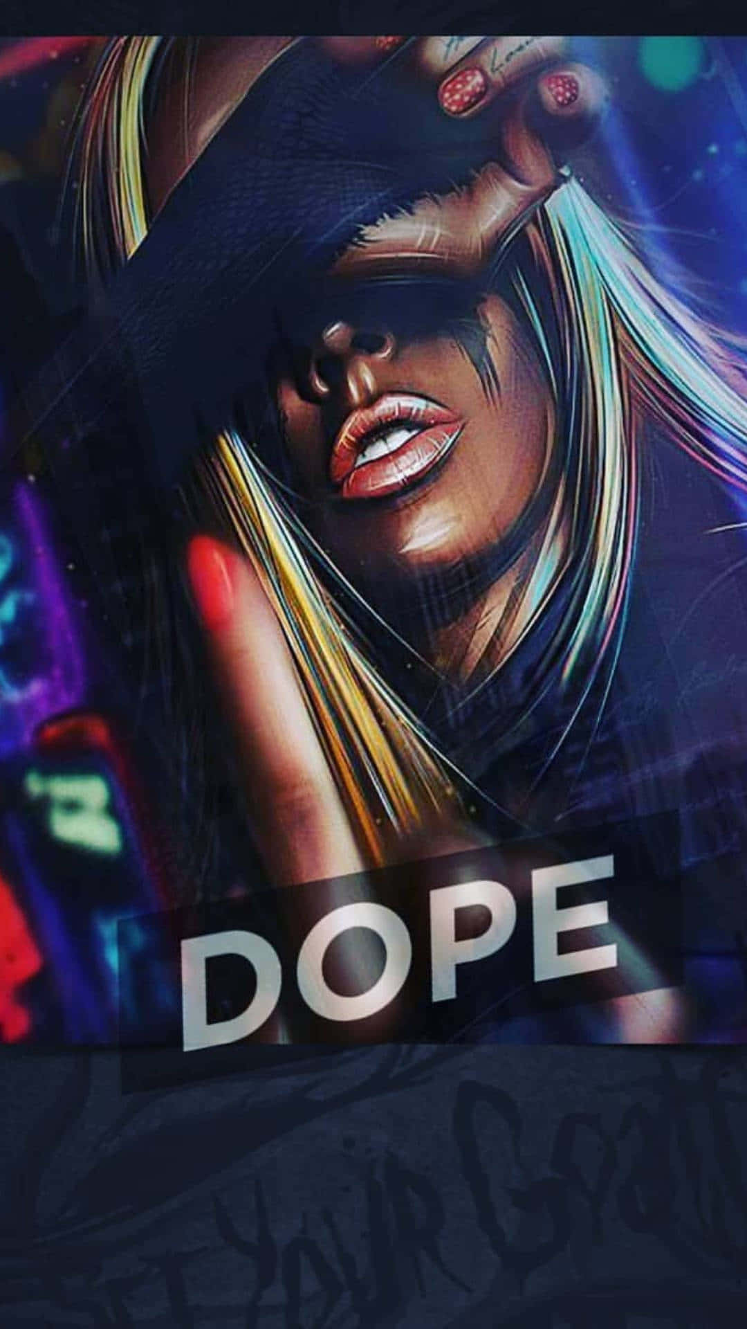 Dope Profile 桌布 壁紙 — 一個風格化的數位肖像，描繪一位擁有發光頭髮和大膽紅色指甲的女性，背景是霓虹燈照亮的城市景觀。