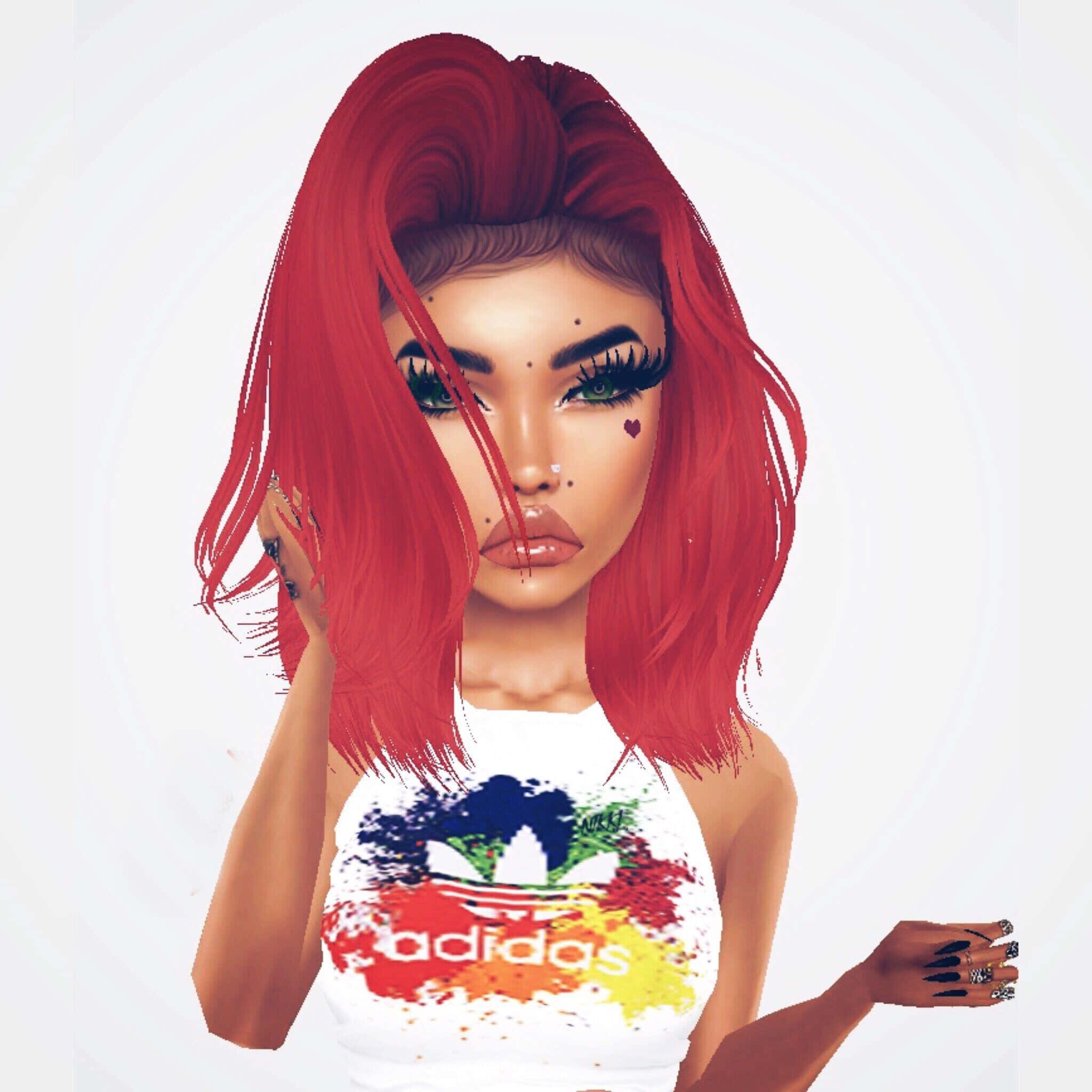 imvu 桌布 壁紙 — 一個風格化的數位肖像，描繪一位擁有鮮豔紅髮和誇張妝容的女性，身穿色彩繽紛的Adidas背心。