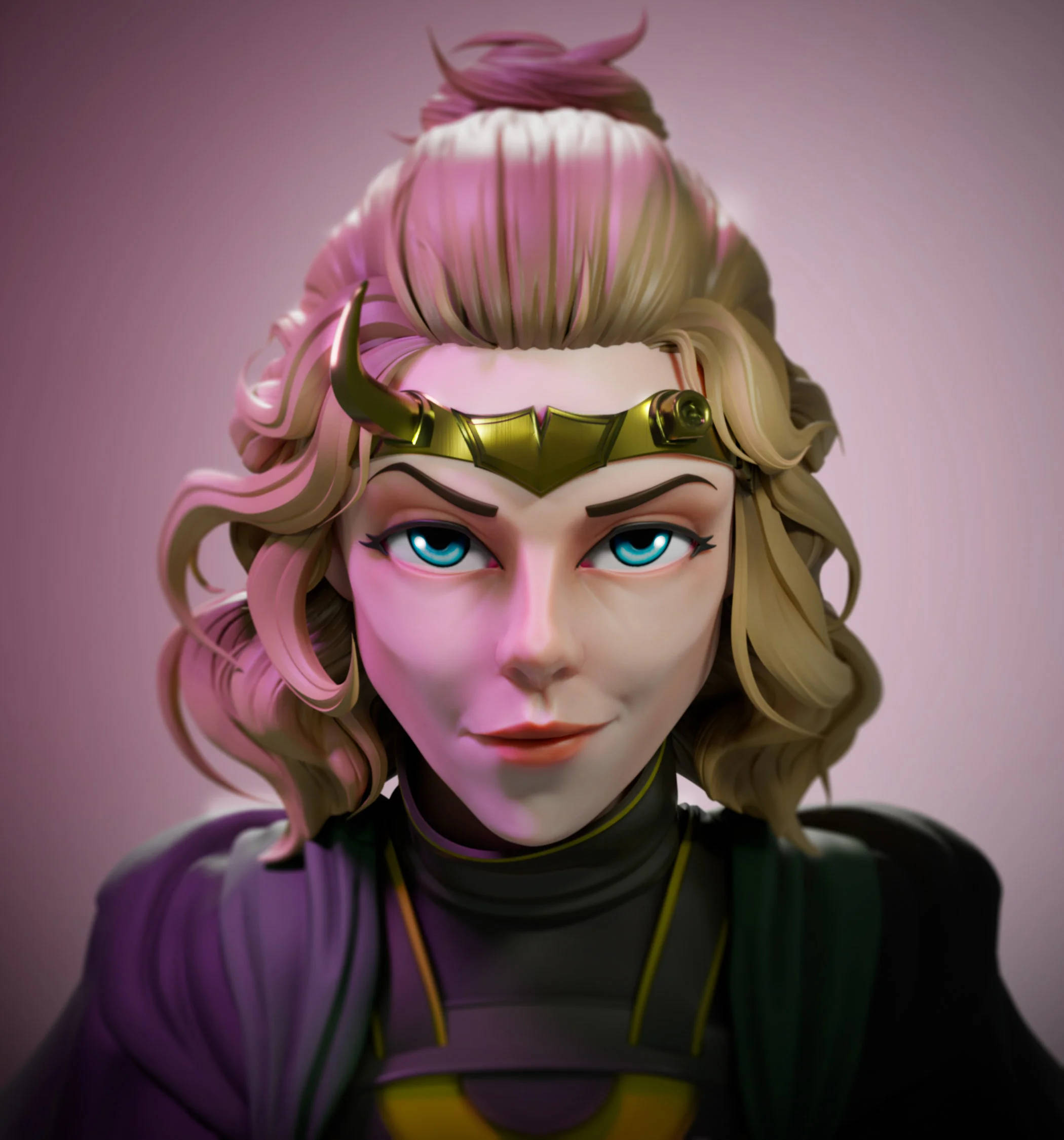 Sylvie 桌布 壁紙 — 一個風格化的數位肖像，描繪一位擁有粉紅色和金色頭髮、藍色眼睛、戴著金色角狀頭帶的女性角色，背景為柔和的粉紅色。