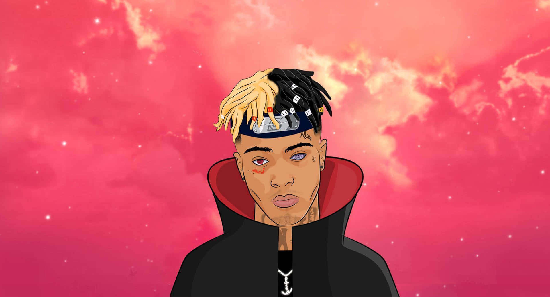 XXXTENTACION 桌布 壁紙 — 一個風格化的數位肖像，描繪一位擁有雙色頭髮和頭帶的年輕男子，背景是充滿活力的粉紅色宇宙天空。