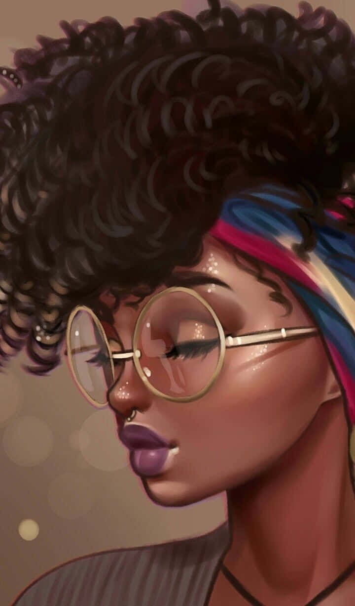 黑人女性 桌布 壁紙 — 一個風格化的數位肖像，描繪一位擁有捲髮和圓框眼鏡的女性，若有所思地凝視著。