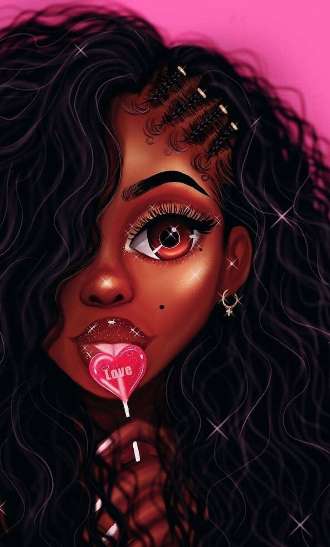 Pretty Girl Cartoon 桌布 壁紙 — 一個風格化的數位肖像，描繪一位擁有深色捲髮和閃爍眼睛的女性，手持一個標有「愛」的粉紅色心形棒棒糖。