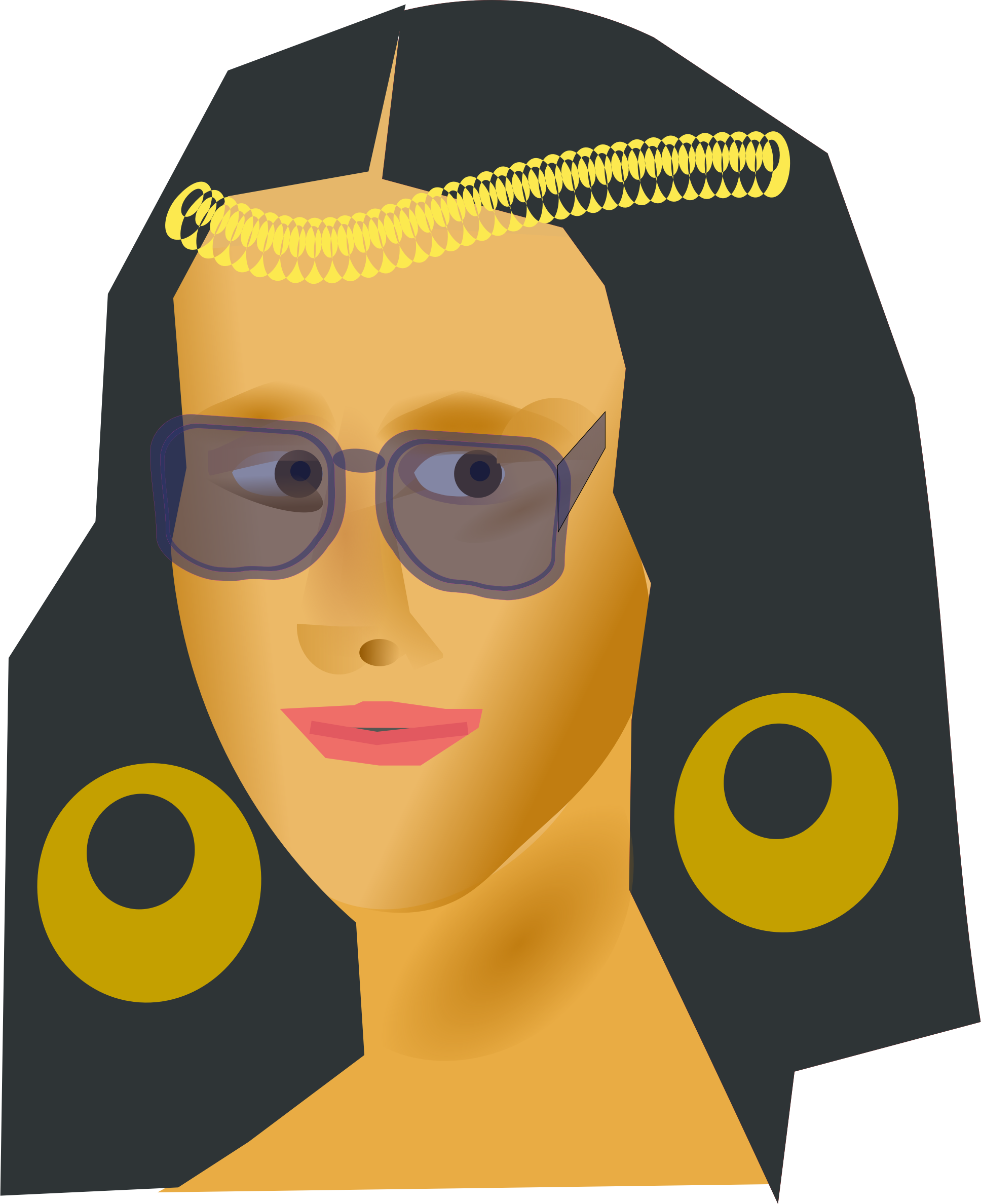 Mona 桌布 壁紙 — 一個風格化的數位肖像，描繪一位深色頭髮的女性，戴著眼鏡和大型黃色耳環，背景為黑色。
