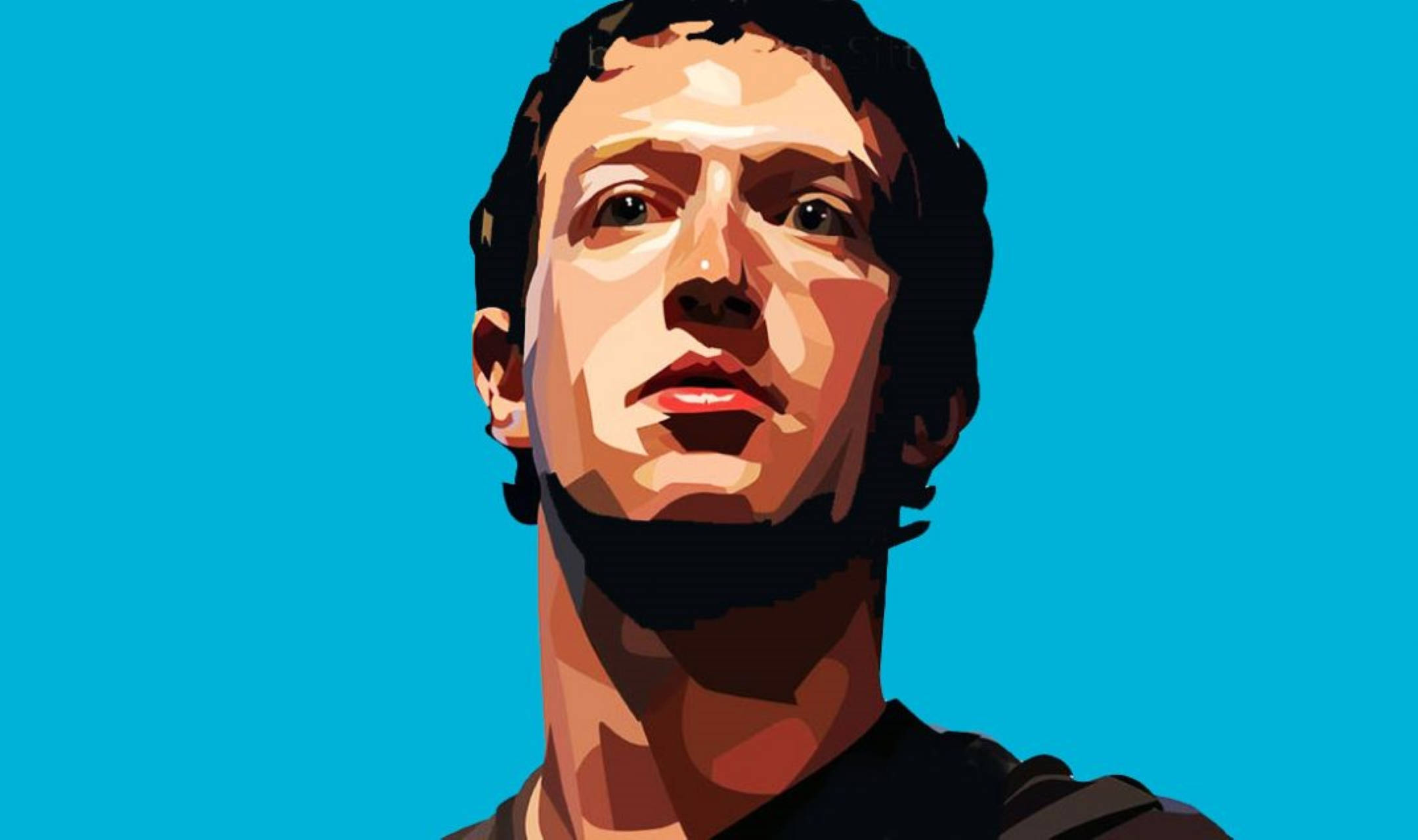 Zuckerberg 桌布 壁紙 — 一個風格化的數位肖像，描繪一位深色頭髮和鬍鬚的男子，背景為純亮藍色。