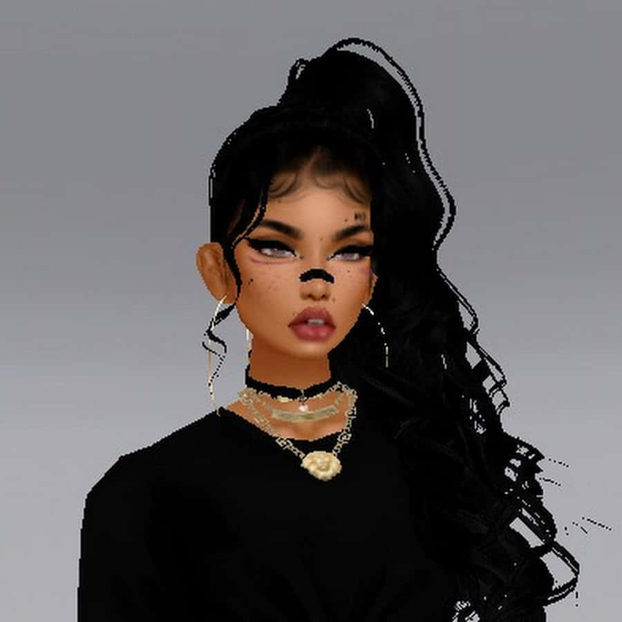 imvu 桌布 壁紙 — 一個風格化的數位肖像，描繪一位深色頭髮、妝容大膽的女性，背景為純灰色。