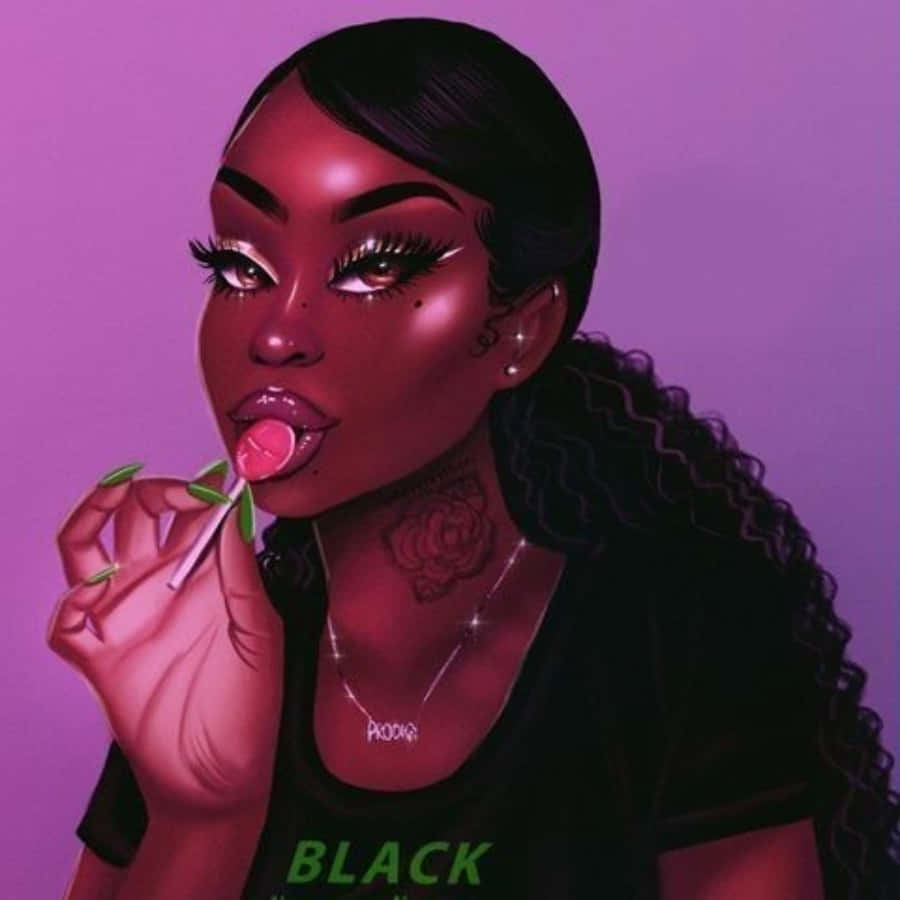 Baddie Profile 桌布 壁紙 — 一個風格化的數位肖像，描繪一位深色皮膚、捲髮的女性在充滿活力的紫色背景前舔著粉紅色棒棒糖。