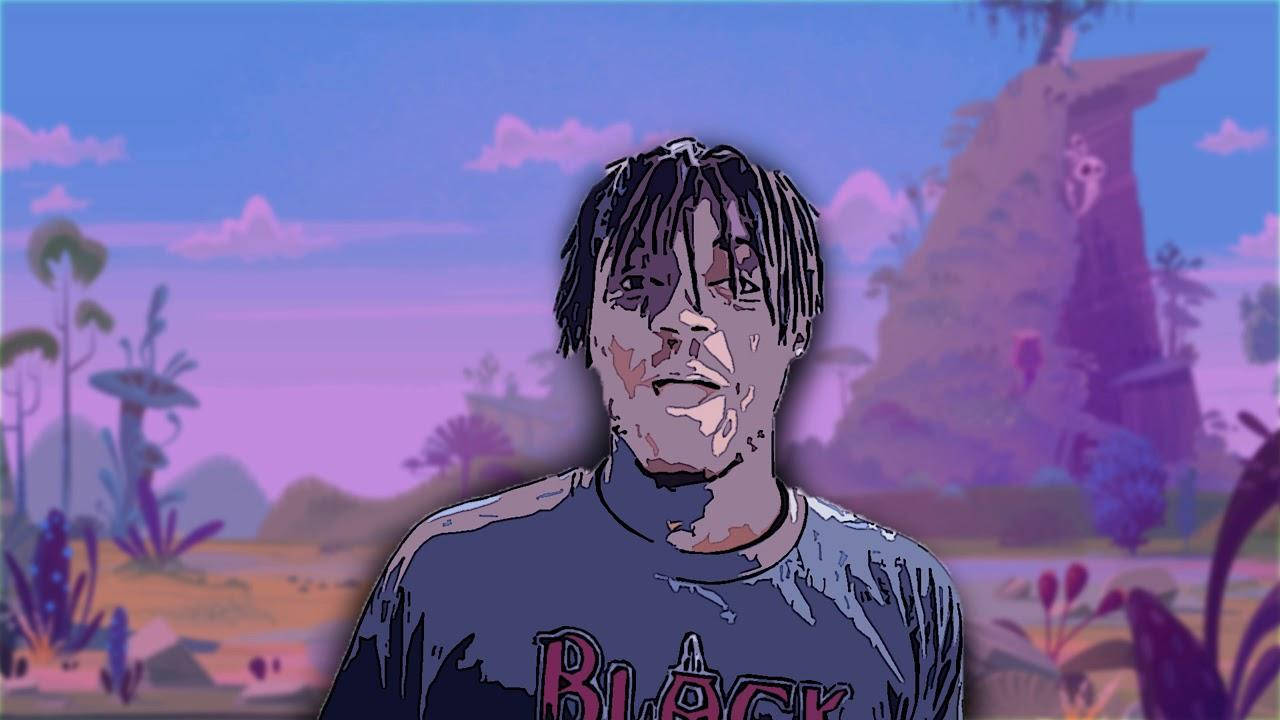 Juice Wrld Desktop 桌布 壁紙 — 一個風格化的數位肖像，描繪一位留有辮子的人，背景是超現實的紫色外星景觀，有漂浮的岩石形成。