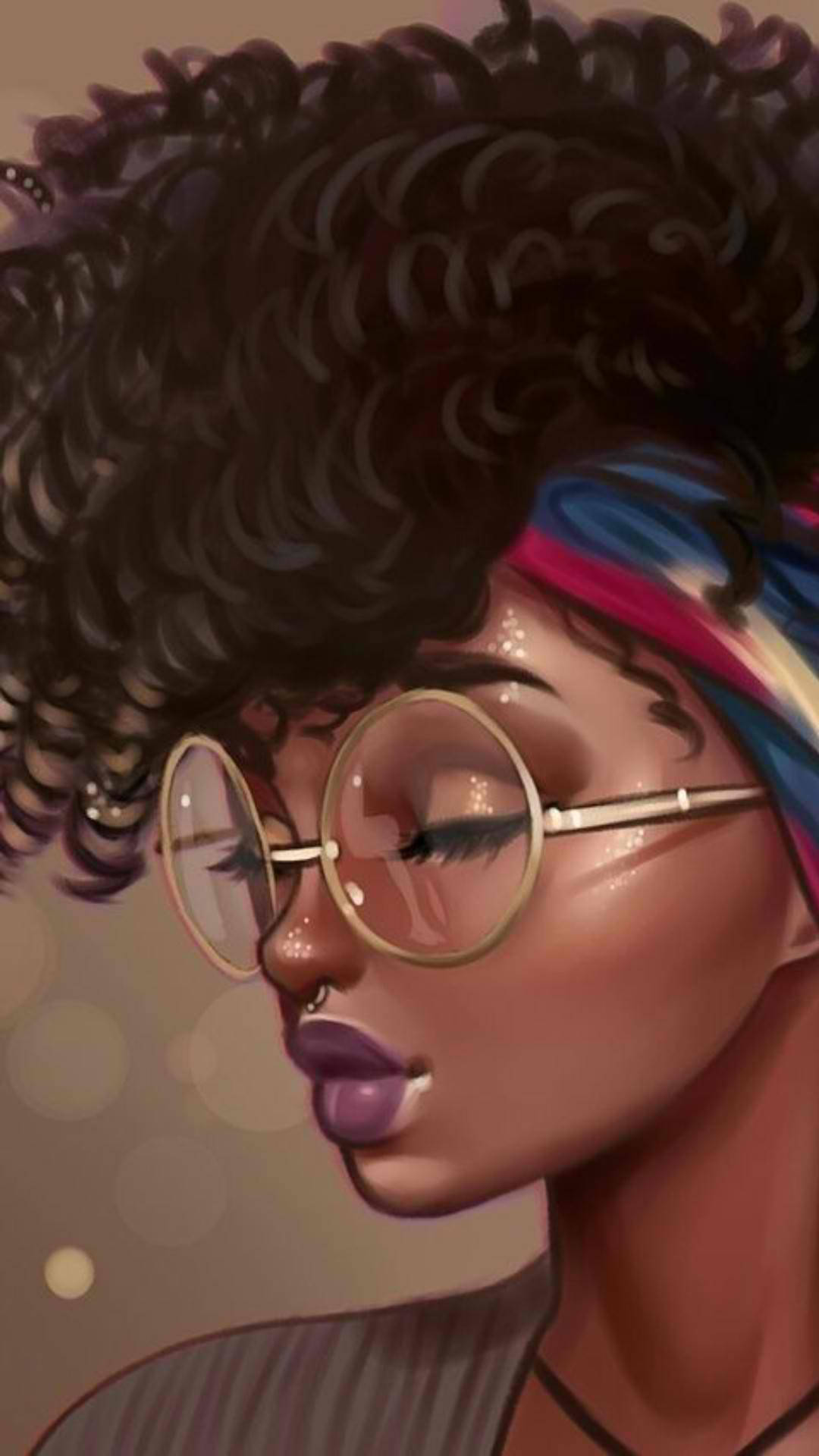 Black Girl Cartoon 桌布 壁紙 — 一個風格化的數位肖像，描繪一位留著捲髮、戴著圓框眼鏡、若有所思地凝視的女性。
